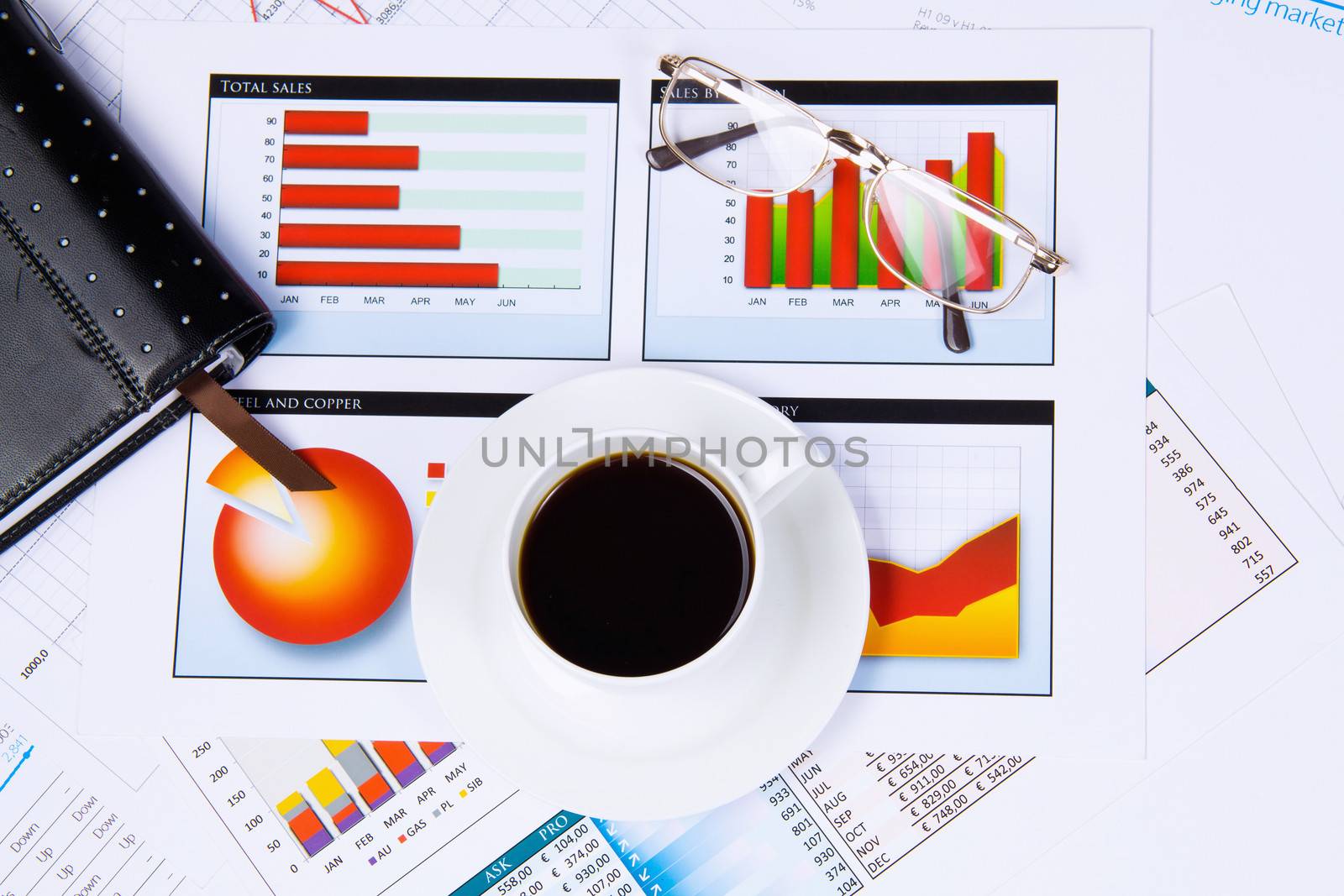 Close up image of office workplace with cup of coffee and documents