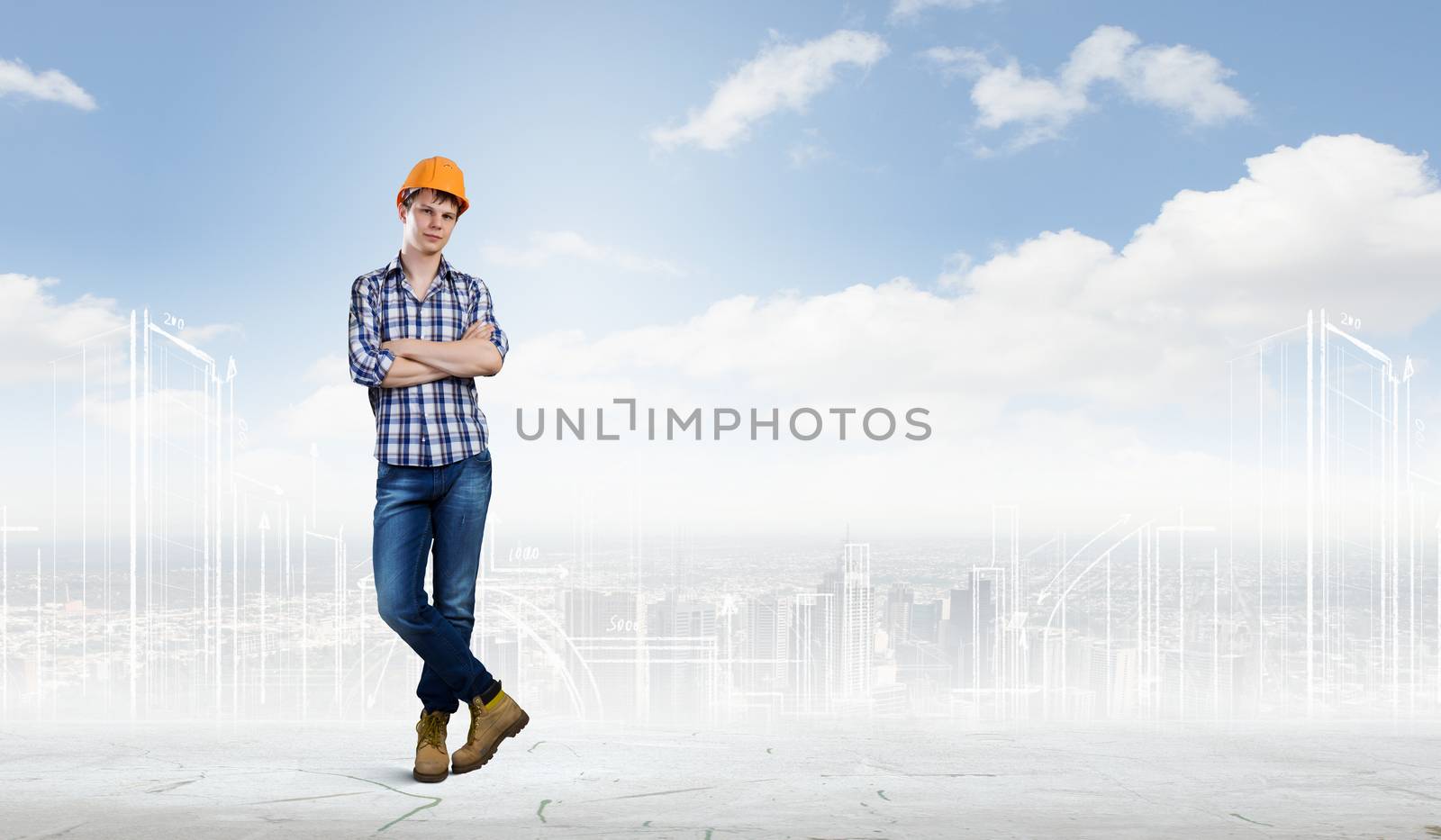 Image of man builder with arms crossed on chest against urban scene
