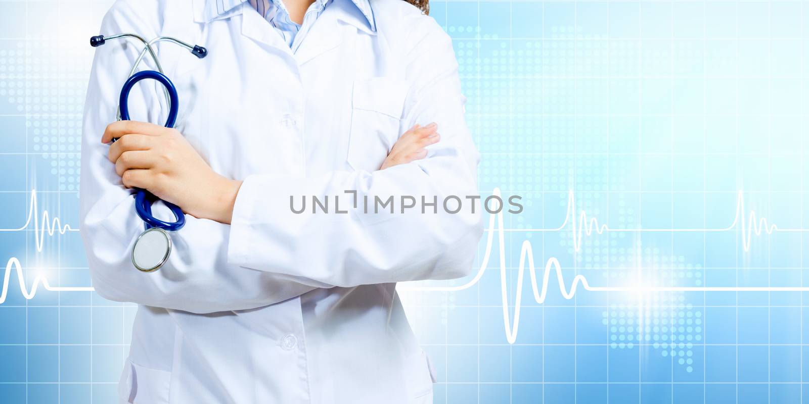 Image of doctor holding stethoscope against media background