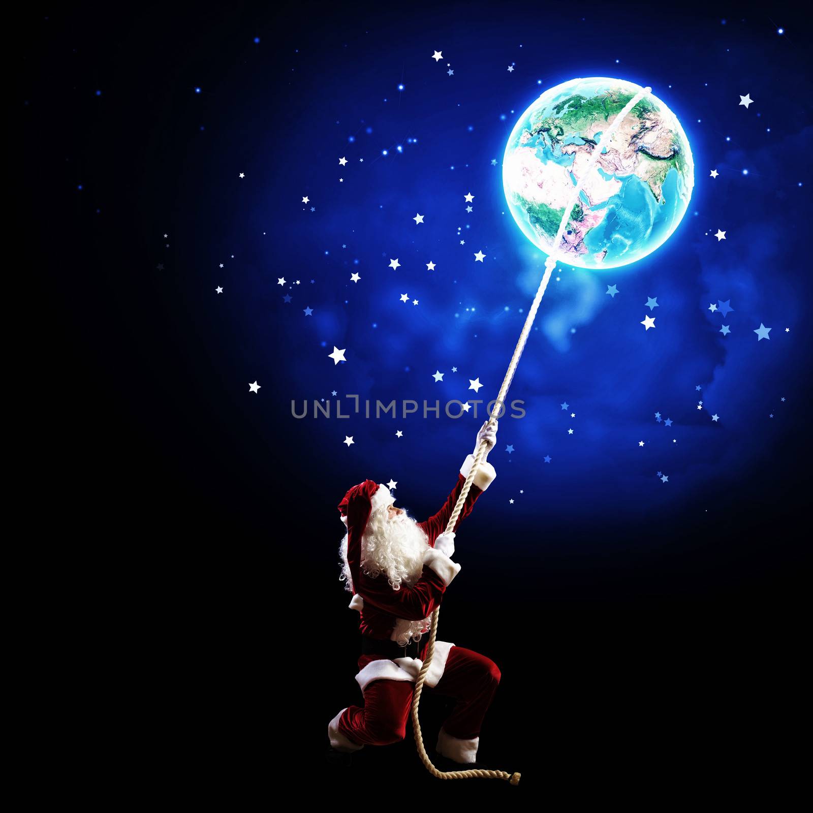 Image of Santa Claus in red costume with Earth planet