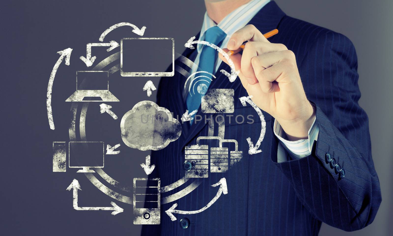 Image of businessman drawing business plan. Computing concept