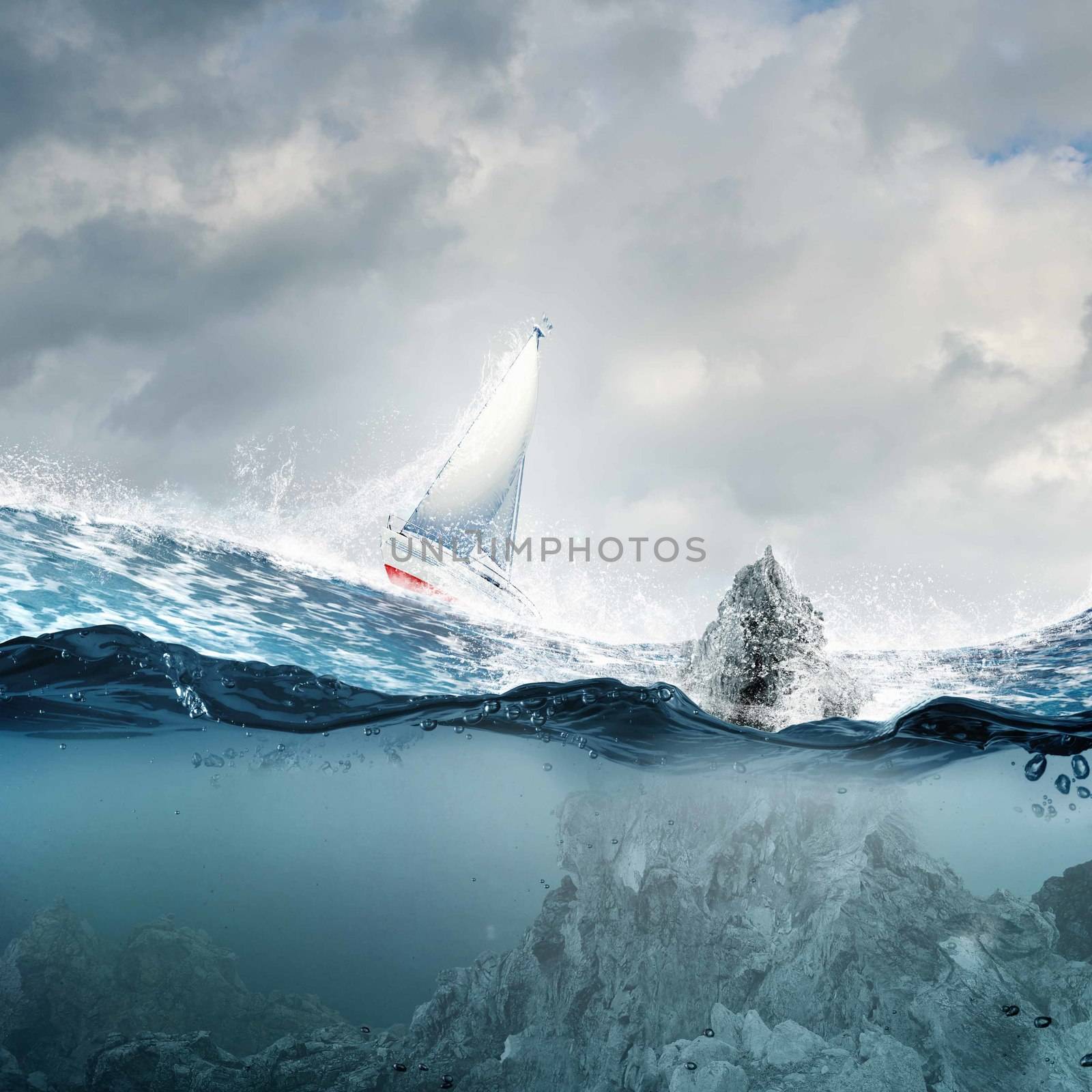 Submerged ocean view with yacht floating above