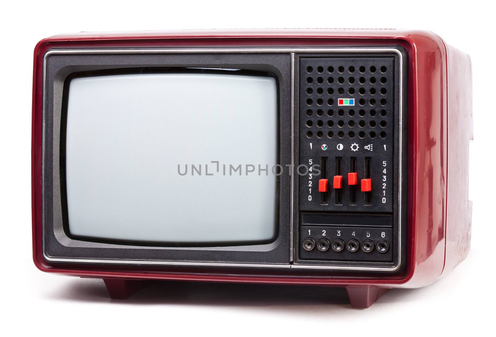 Vintage red Television set on white background