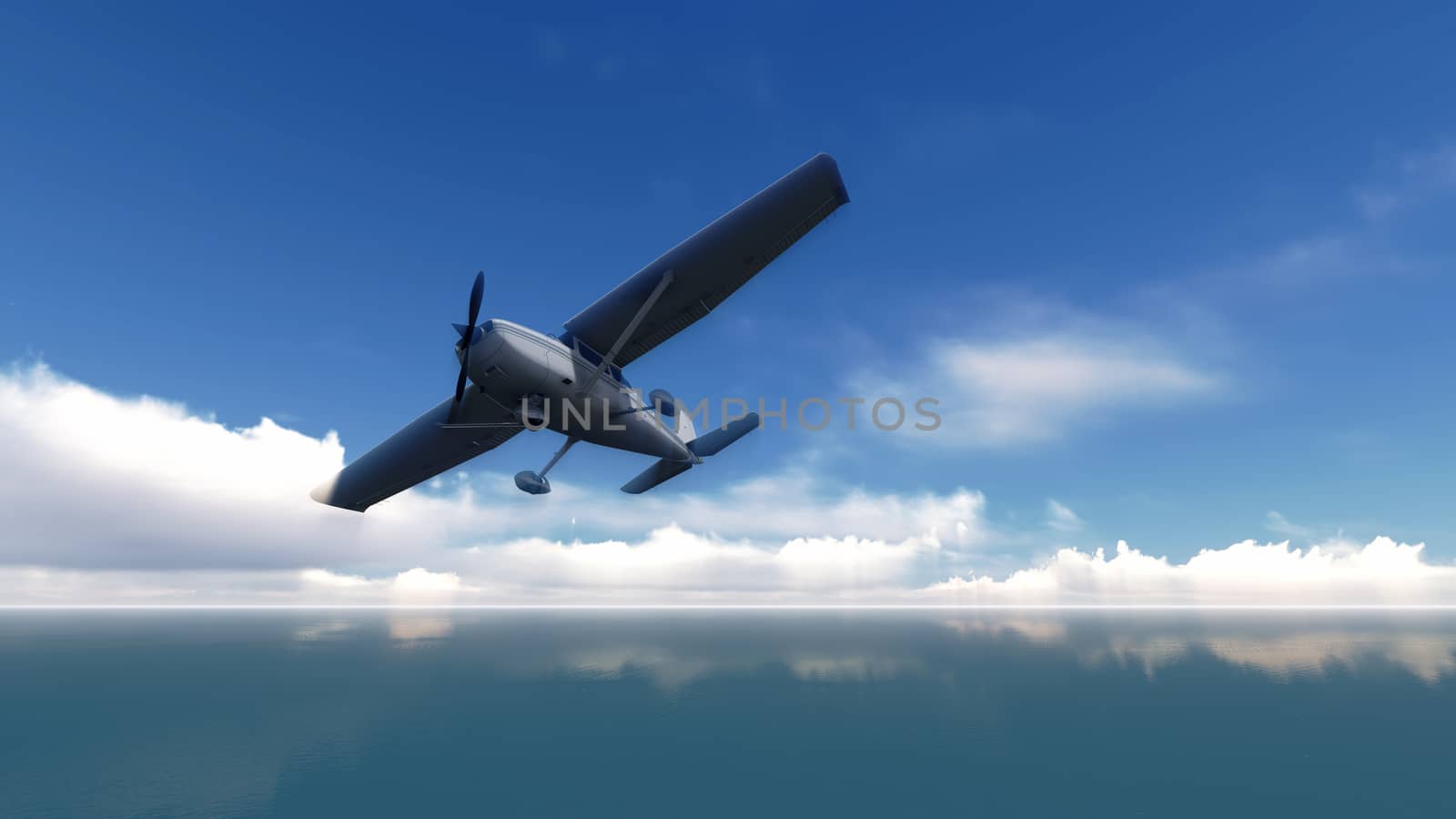 The plane was flying over the sea on blue sky