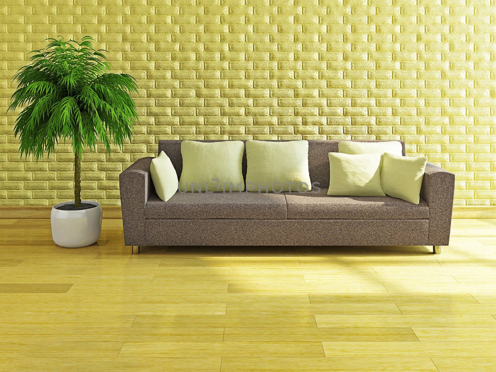 Sofa with yellow pillows near the brick wall