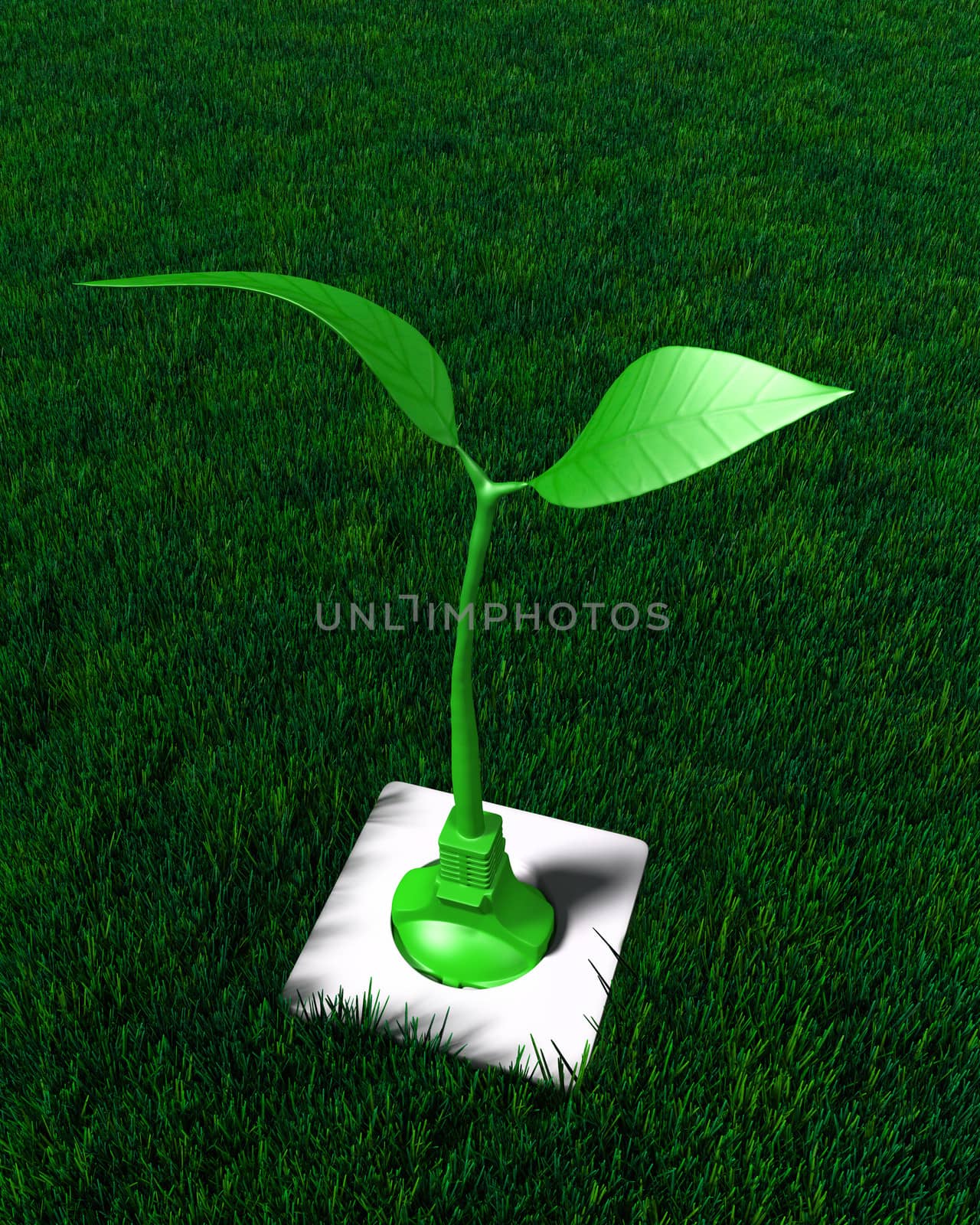 a plug which the cable takes the form of a small plant is inserted into a socket placed in a lawn