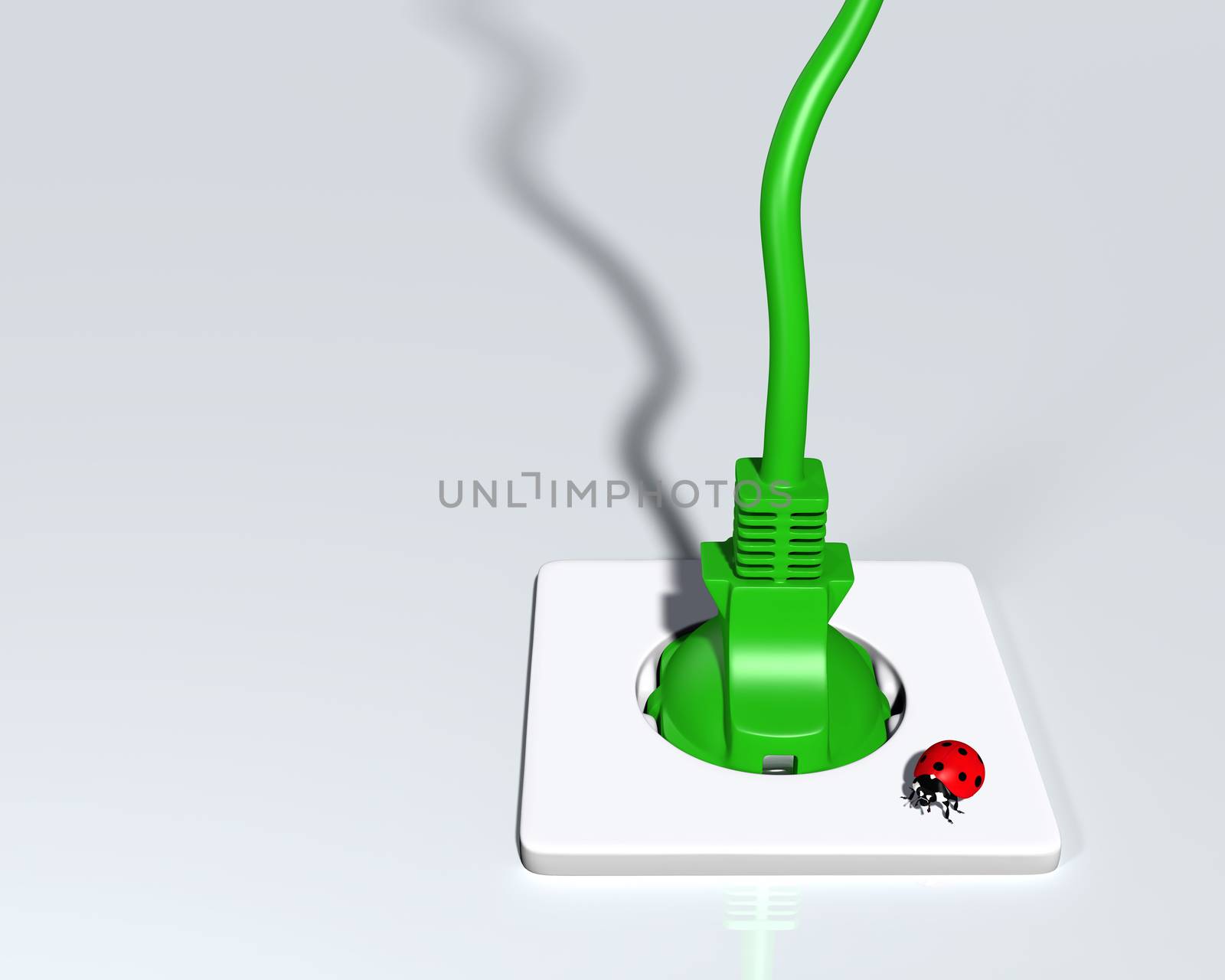 ecological green plug is connected to a white socket placed on the ground with a small ladybug on it, on a white background