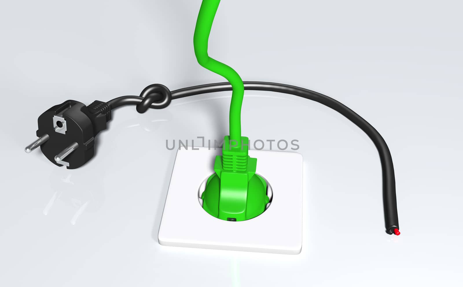 ecological green plug is connected to a white socket placed on the ground and another old black plug with a node lies near it