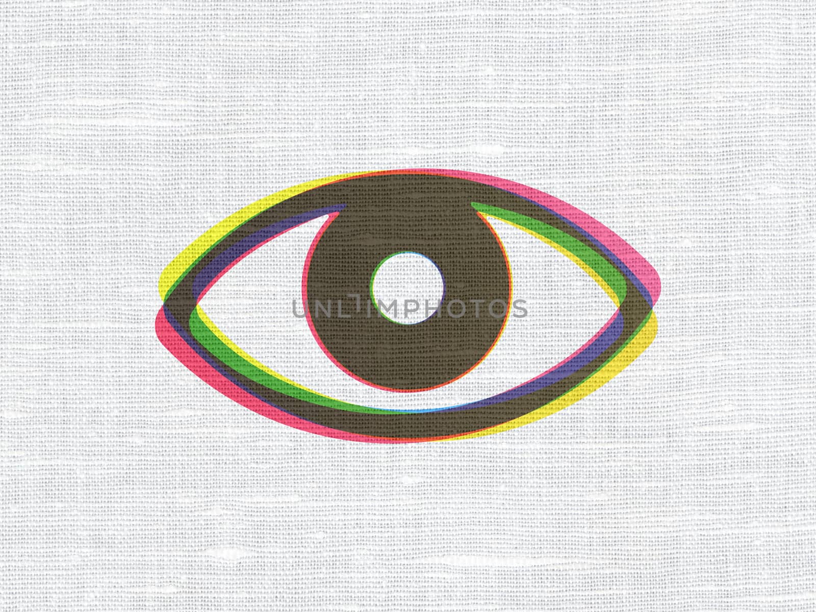 Privacy concept: CMYK Eye on linen fabric texture background, 3d render