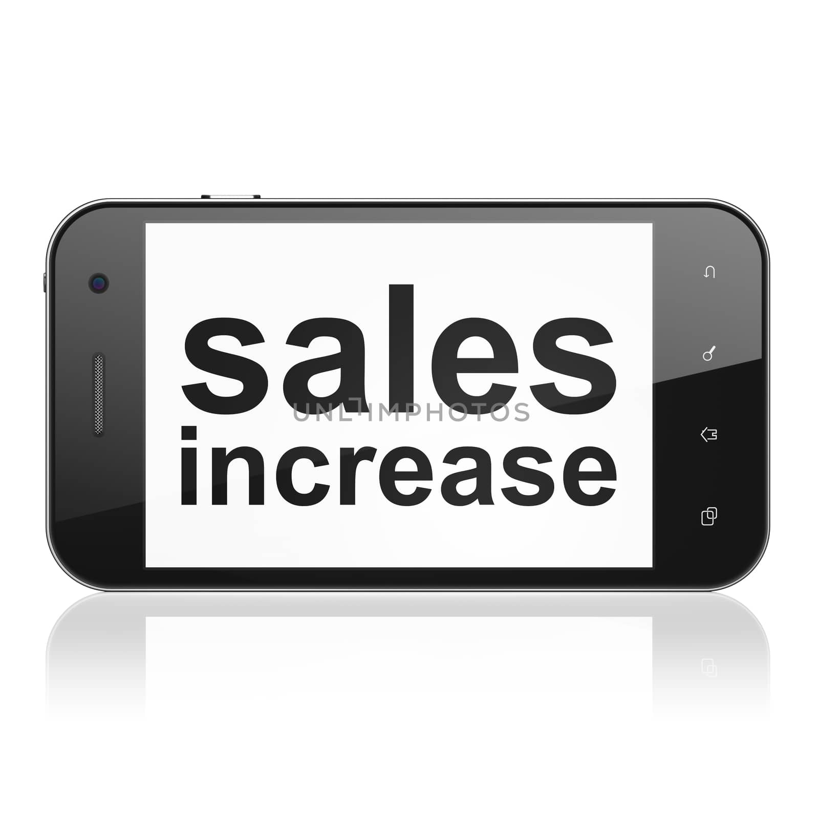 Advertising concept: smartphone with text Sales Increase on display. Mobile smart phone on White background, cell phone 3d render