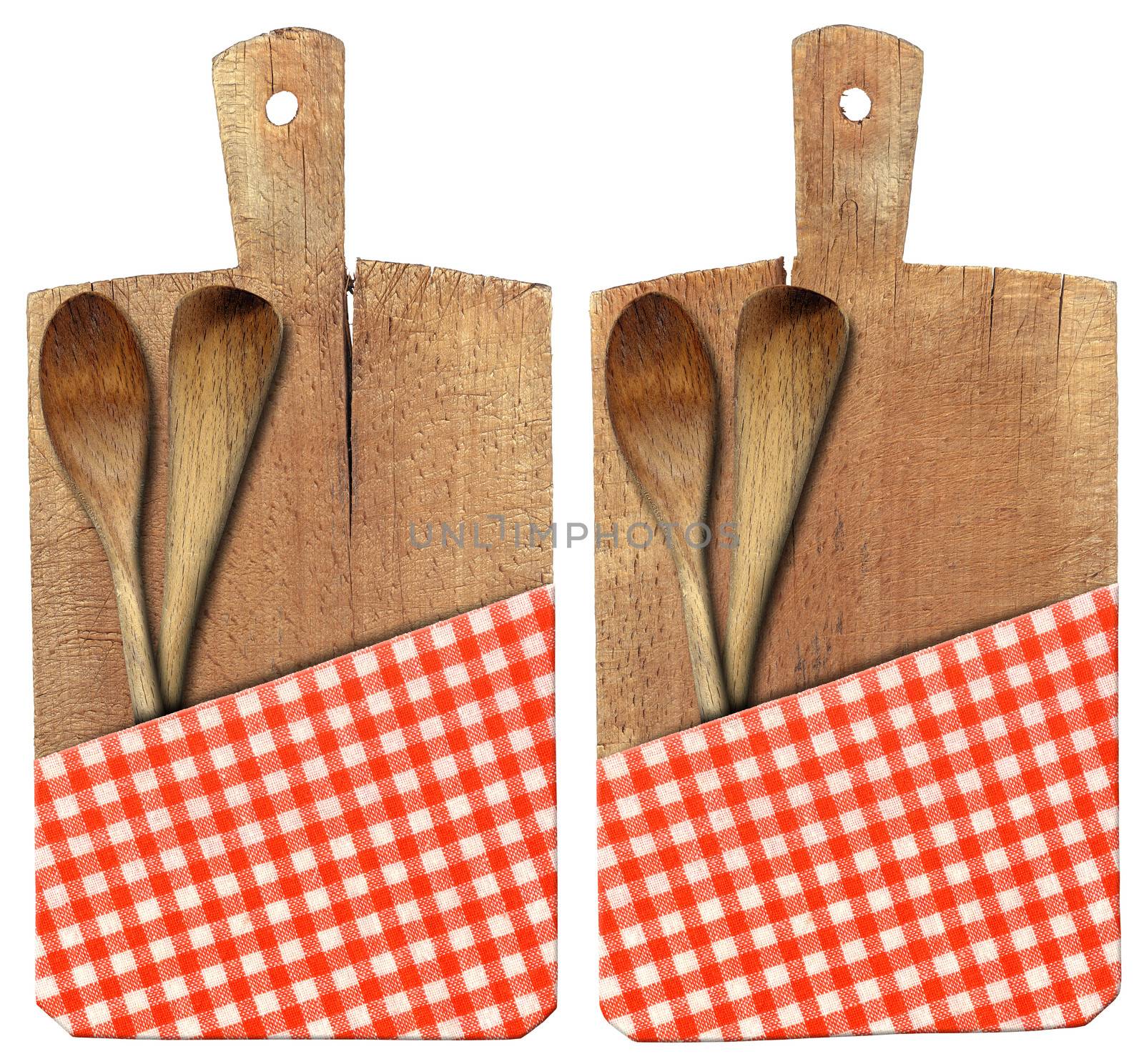 Used chopping or cutting board isolated on white with red checked tablecloth
and two wooden spoons or ladles 

