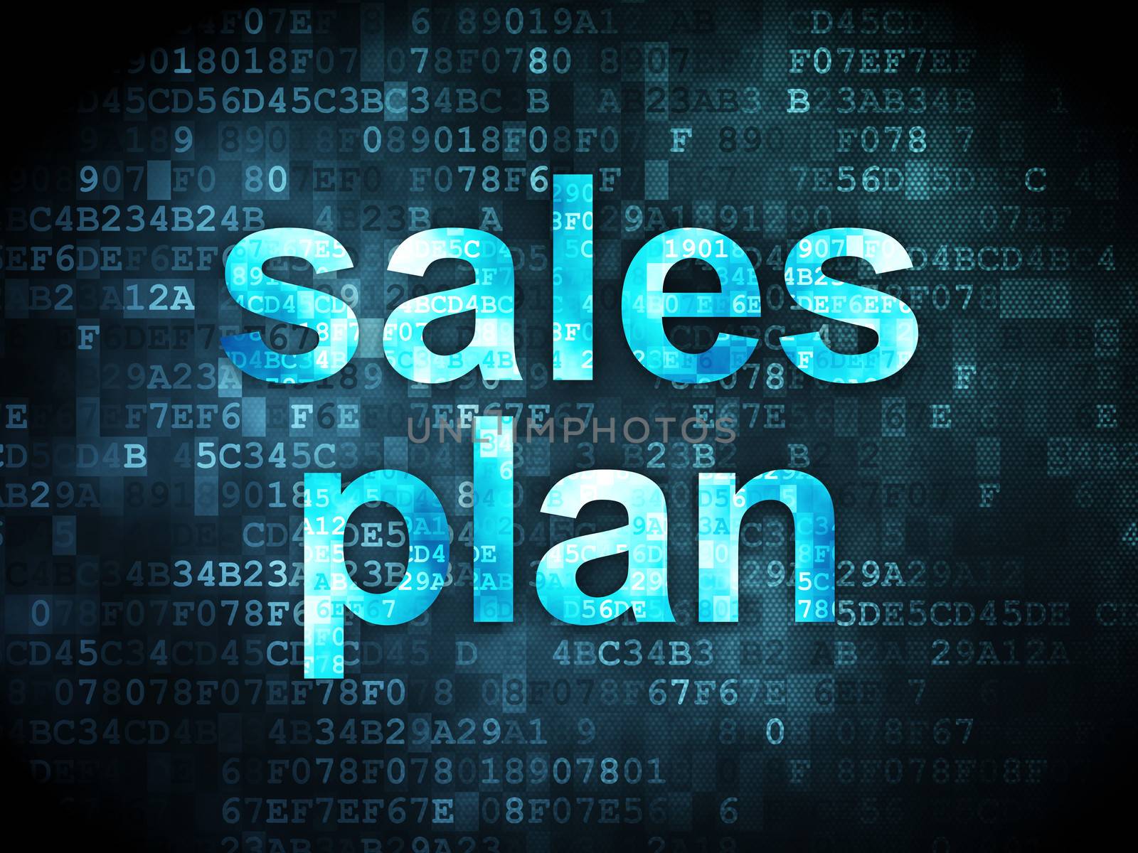 Marketing concept: pixelated words Sales Plan on digital background, 3d render