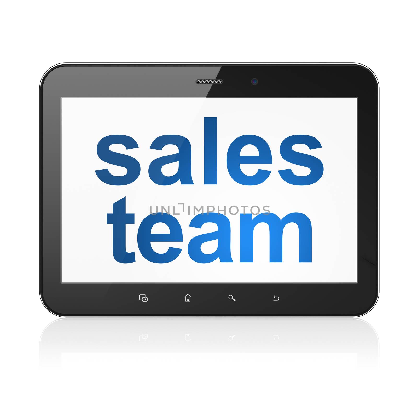 Marketing concept: black tablet pc computer with text Sales Team on display. Modern portable touch pad on White background, 3d render