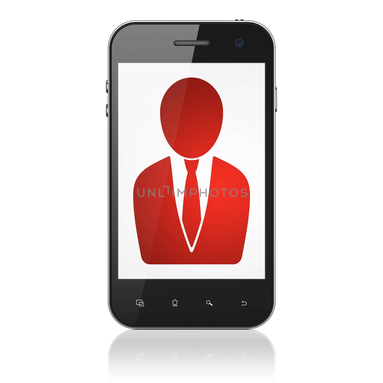 Advertising concept: smartphone with Business Man icon on display. Mobile smart phone on White background, cell phone 3d render