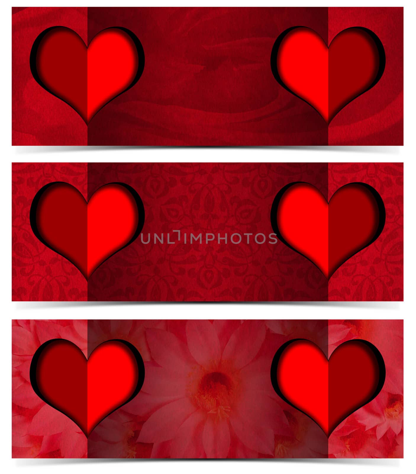 Set of three romantic banners or headers with floral texture and two stylized hearts