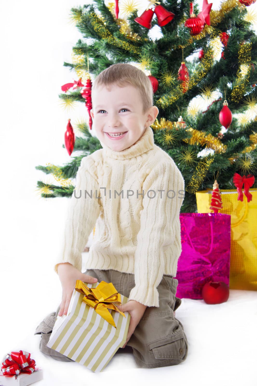 Happy boy with present box under Christmas tree