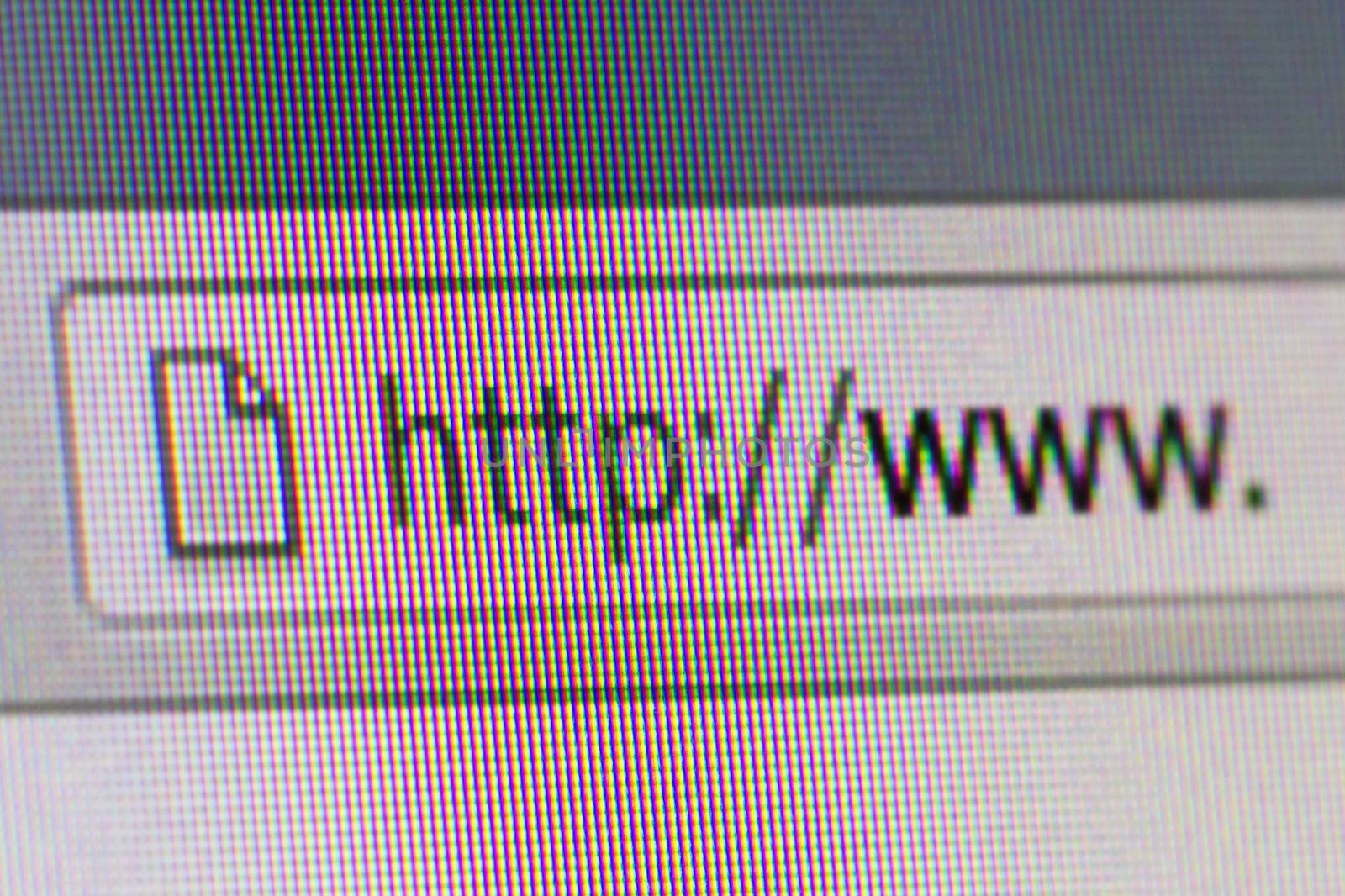 Close up macro of conputer screen internet browser address bar world wide web text.