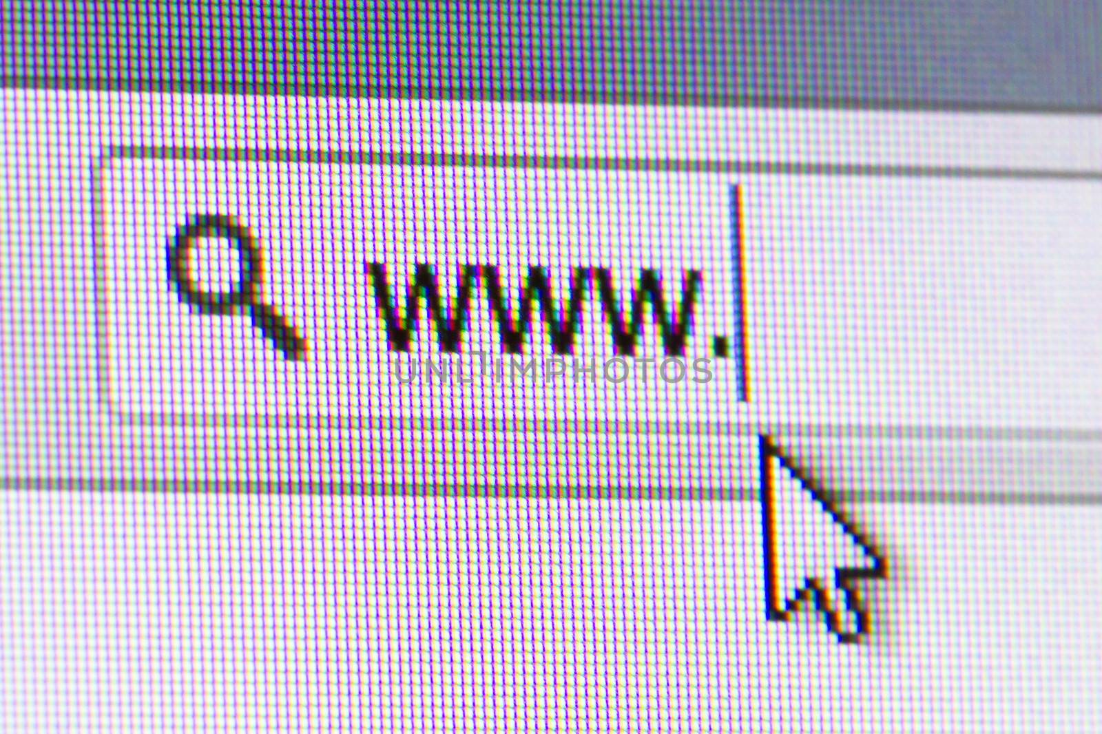 Close up of computer screen internet browser address bar, www text and arrow mouse cursor