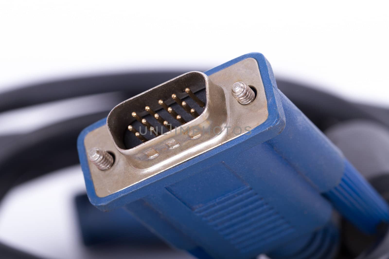 Blue analog monitor VGA with black cable, isolated on white background.