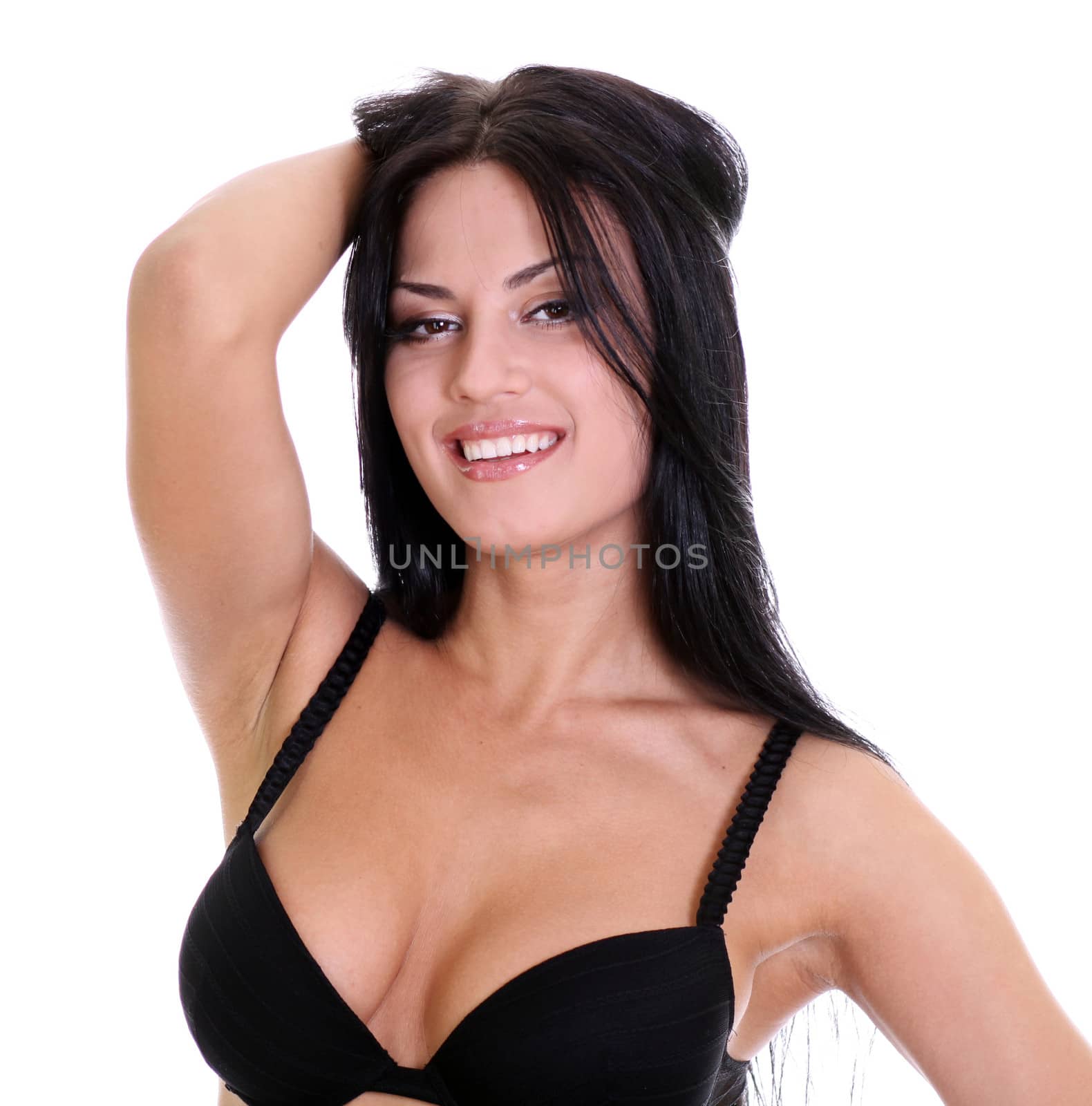 Portrait of young happy smiling woman, isolated on white