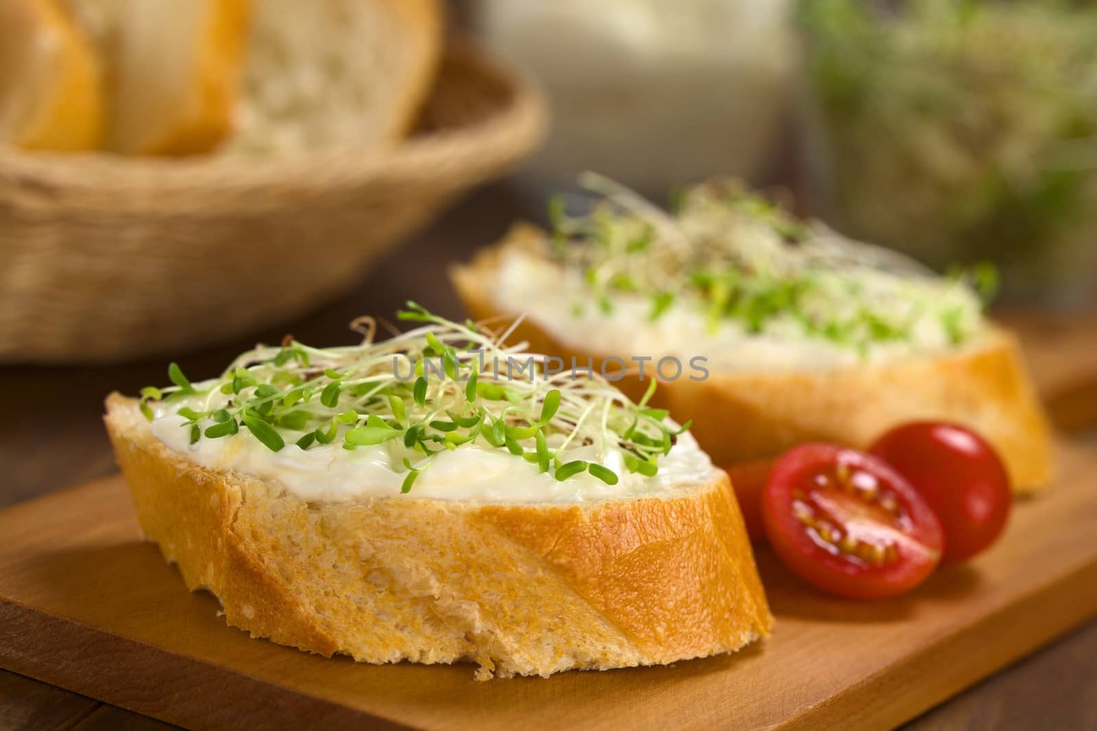 Baguette slices spread with cream cheese and sprinkled with alfalfa sprouts  on wooden board (Selective Focus, Focus on the front of the cream cheese and sprouts on the first baguette slice)  