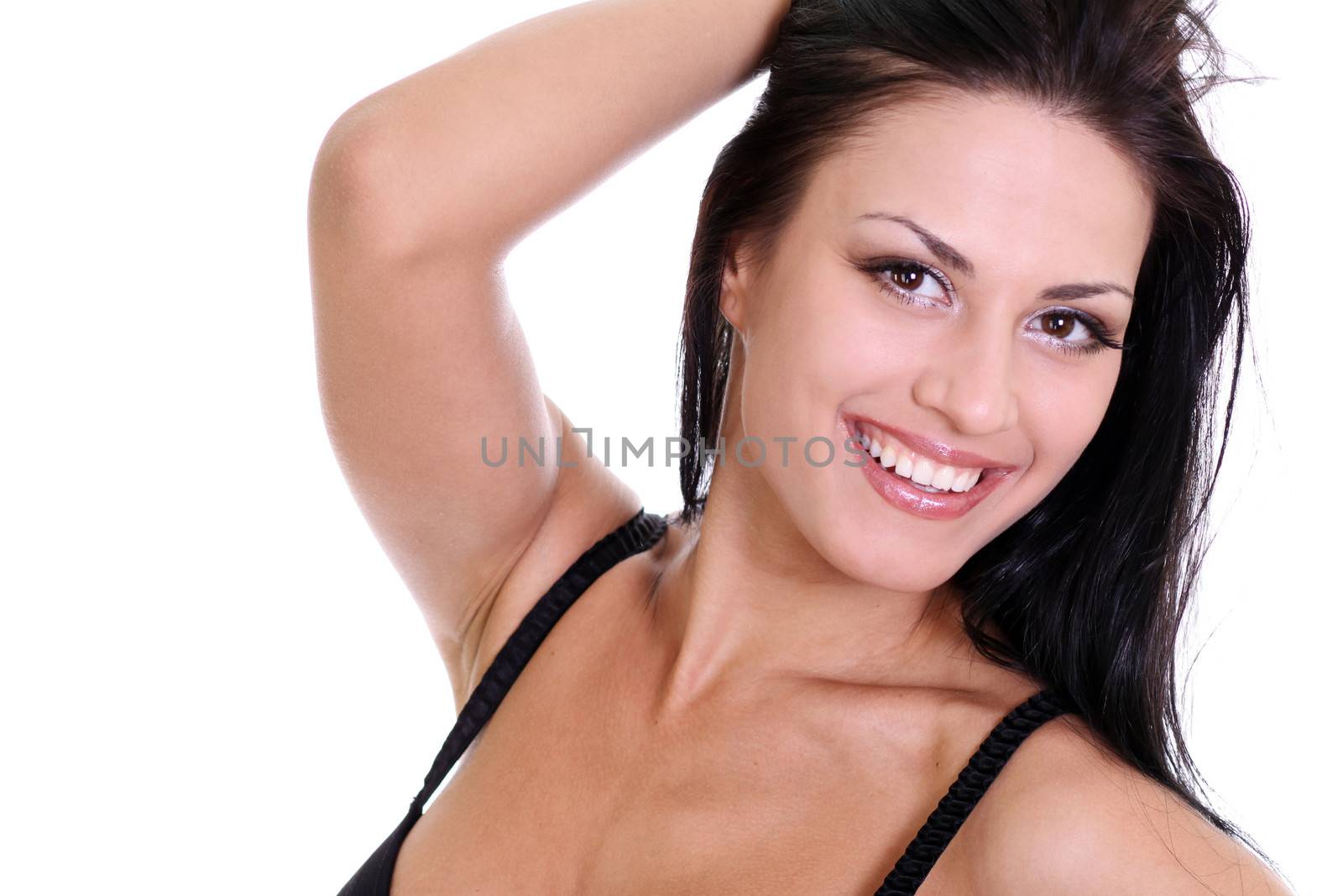 Portrait of young happy smiling woman, isolated on white