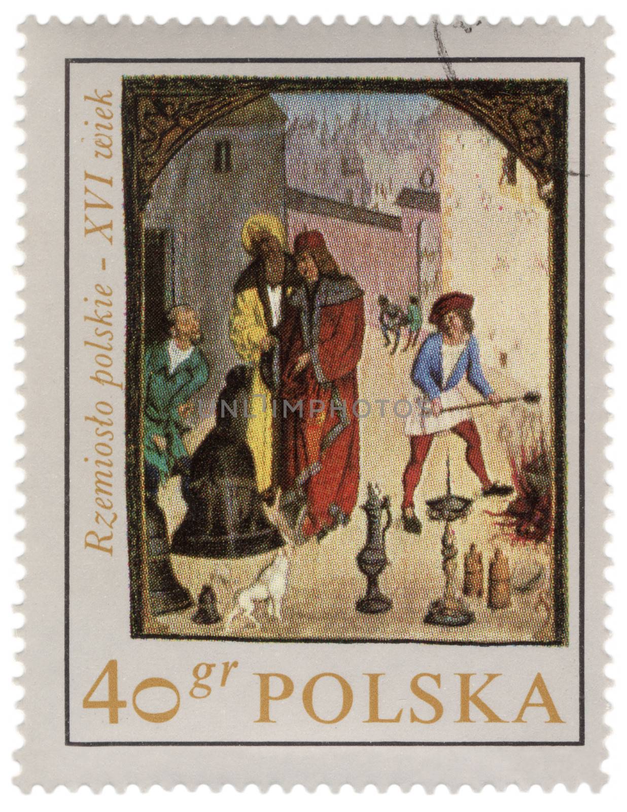 POLAND - CIRCA 1969: a stamp printed in Poland, shows polish crafts in medieval town, circa 1969