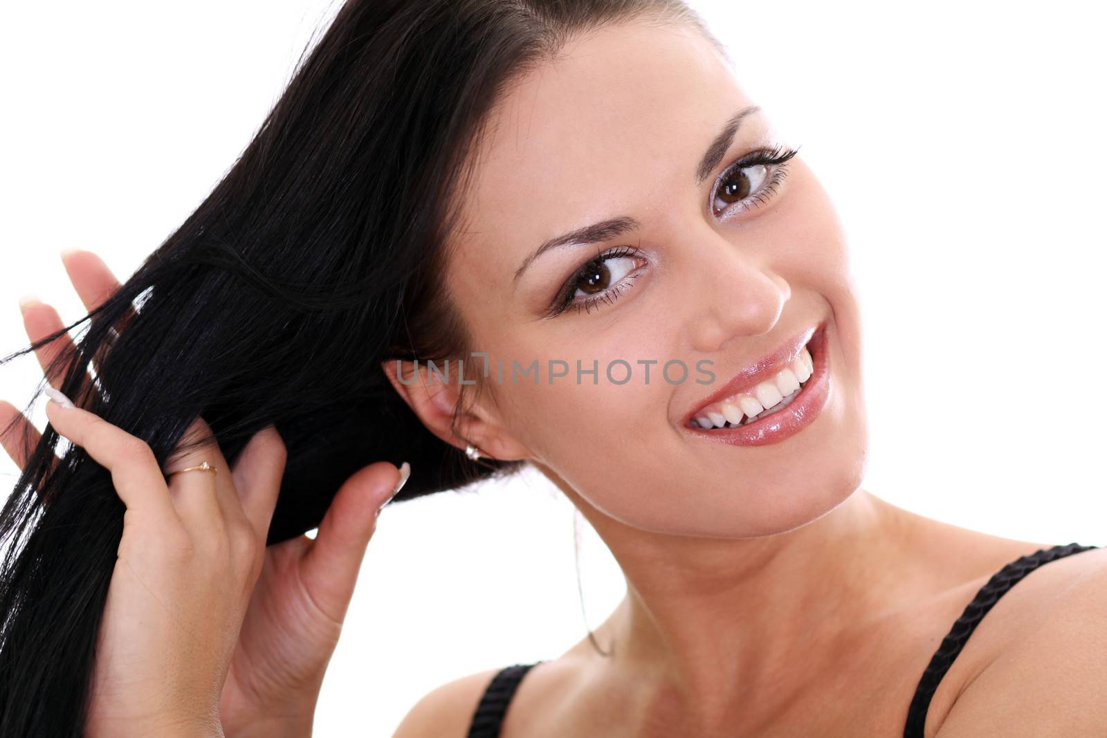 Portrait of young happy smiling woman, isolated on white