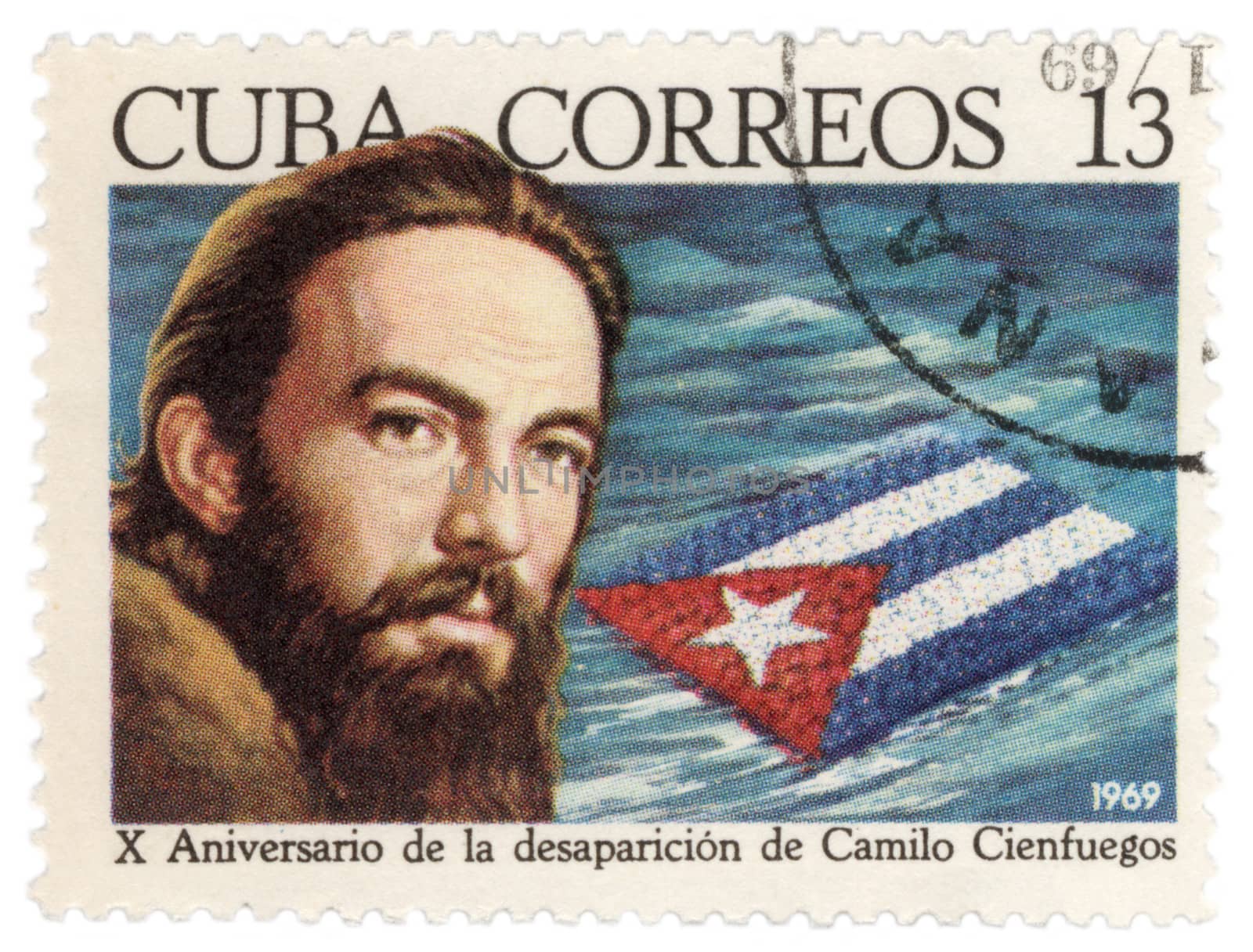 CUBA - CIRCA 1969: post stamp printed in Cuba shows portrait of Cuban revolutionary Camilo Cienfuegos (1932-1959), circa 1969