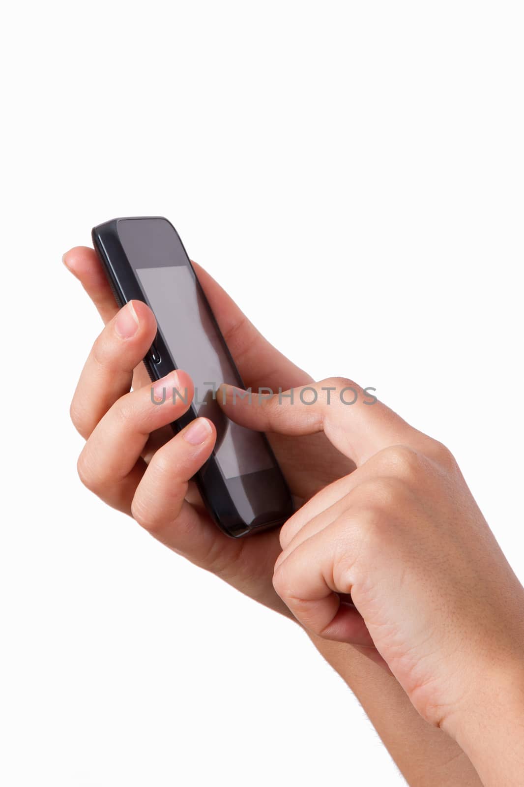 Woman hand touching blank screen of smart phone, isolated on white background.