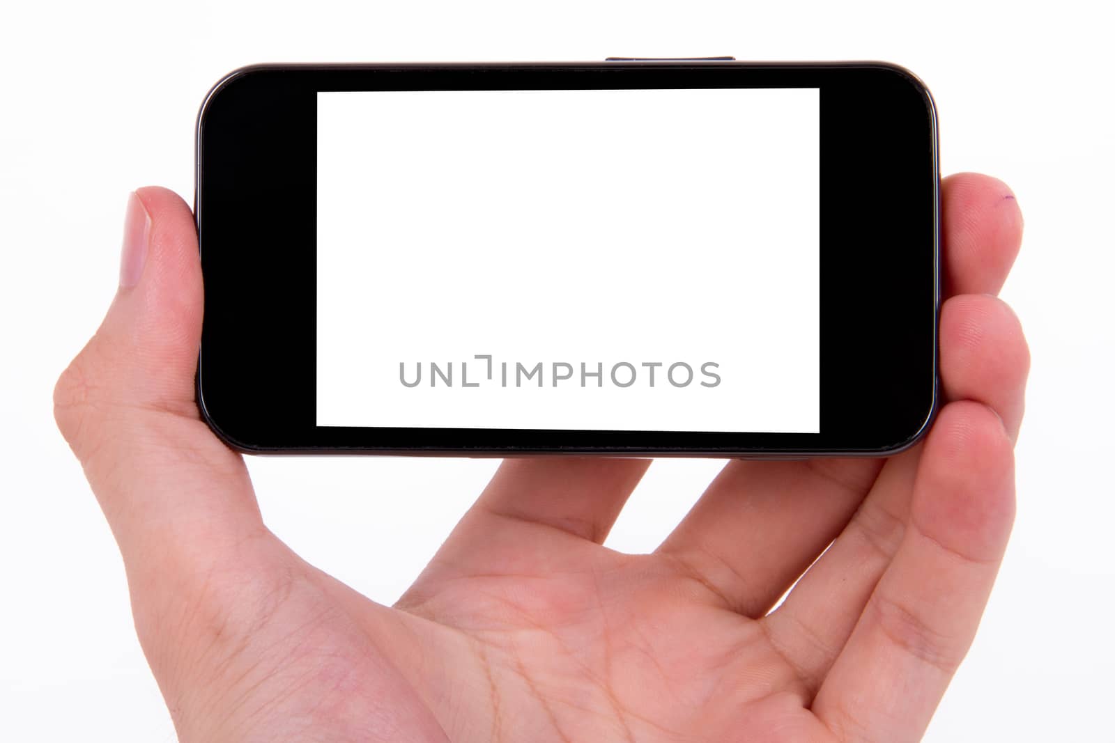 Hand holding smart, mobile phone with white blank screen, isolated on white background.