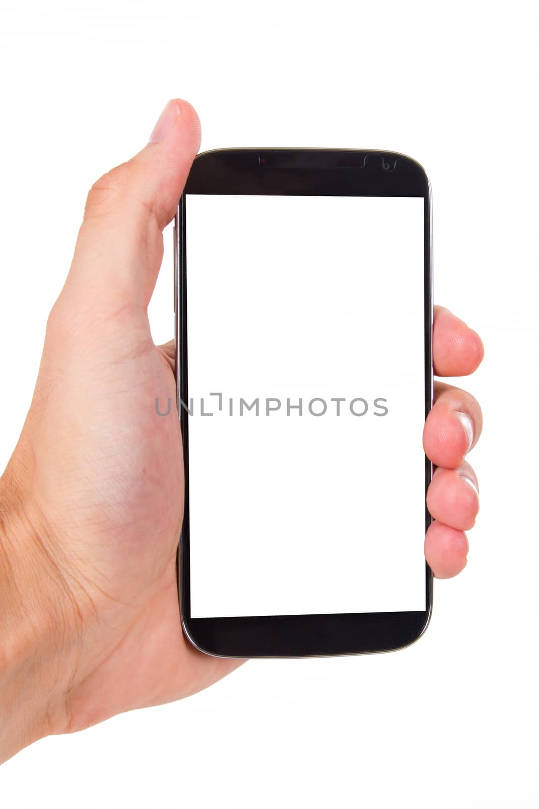 Hand holding mobile phone with blank, white screen, front view, isolated on white background.