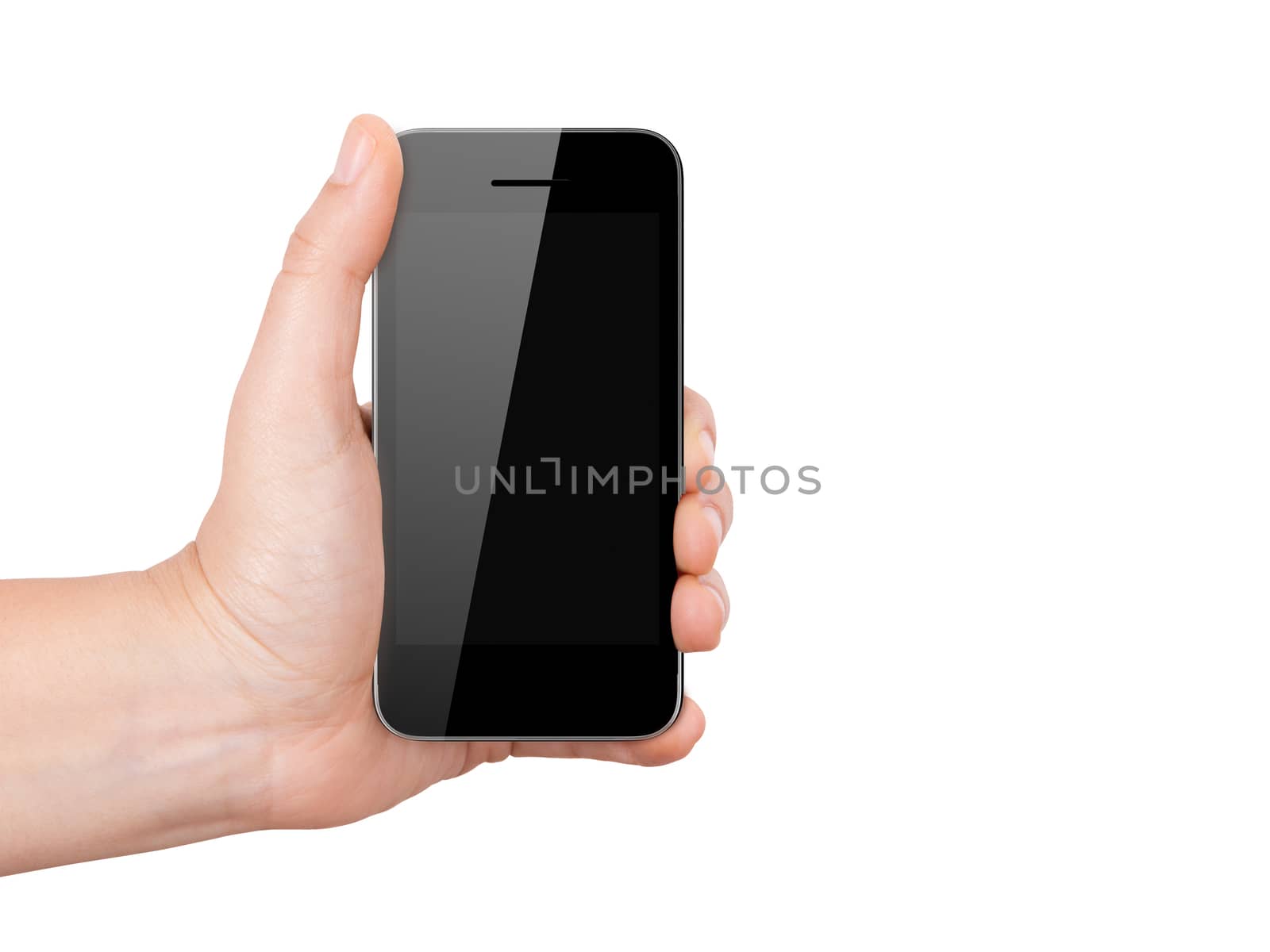 Realistic digital mobile phone device with blank touch screen holding by hand, isolated on white background.