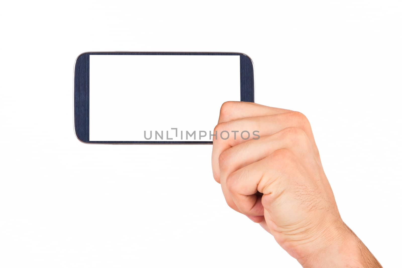 Hand holding and showing mobile phone with blank, white screen, front view, isolated on white background.