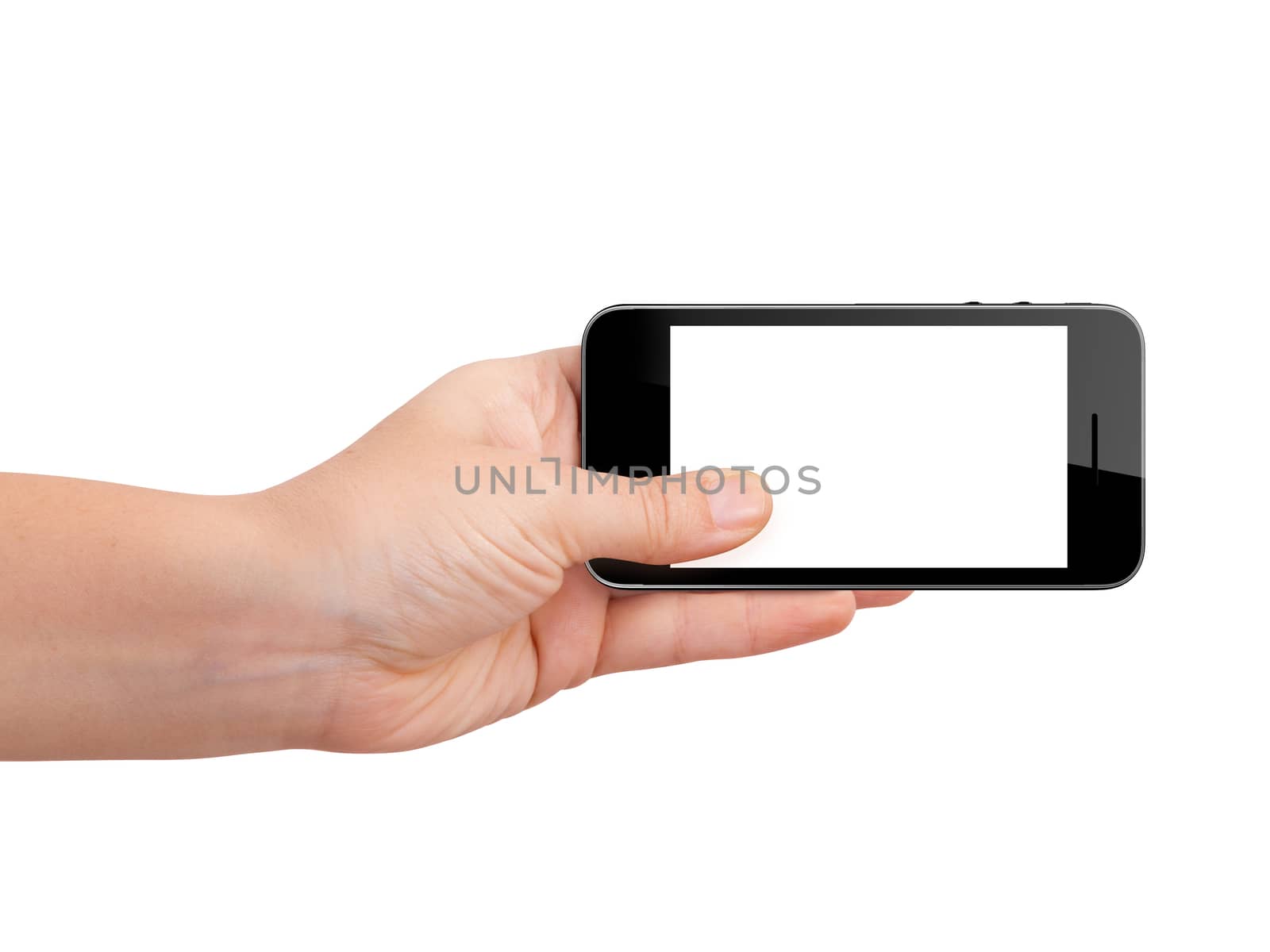Realistic digital telephone device with blank touch screen holding by hand, isolated on white background.
