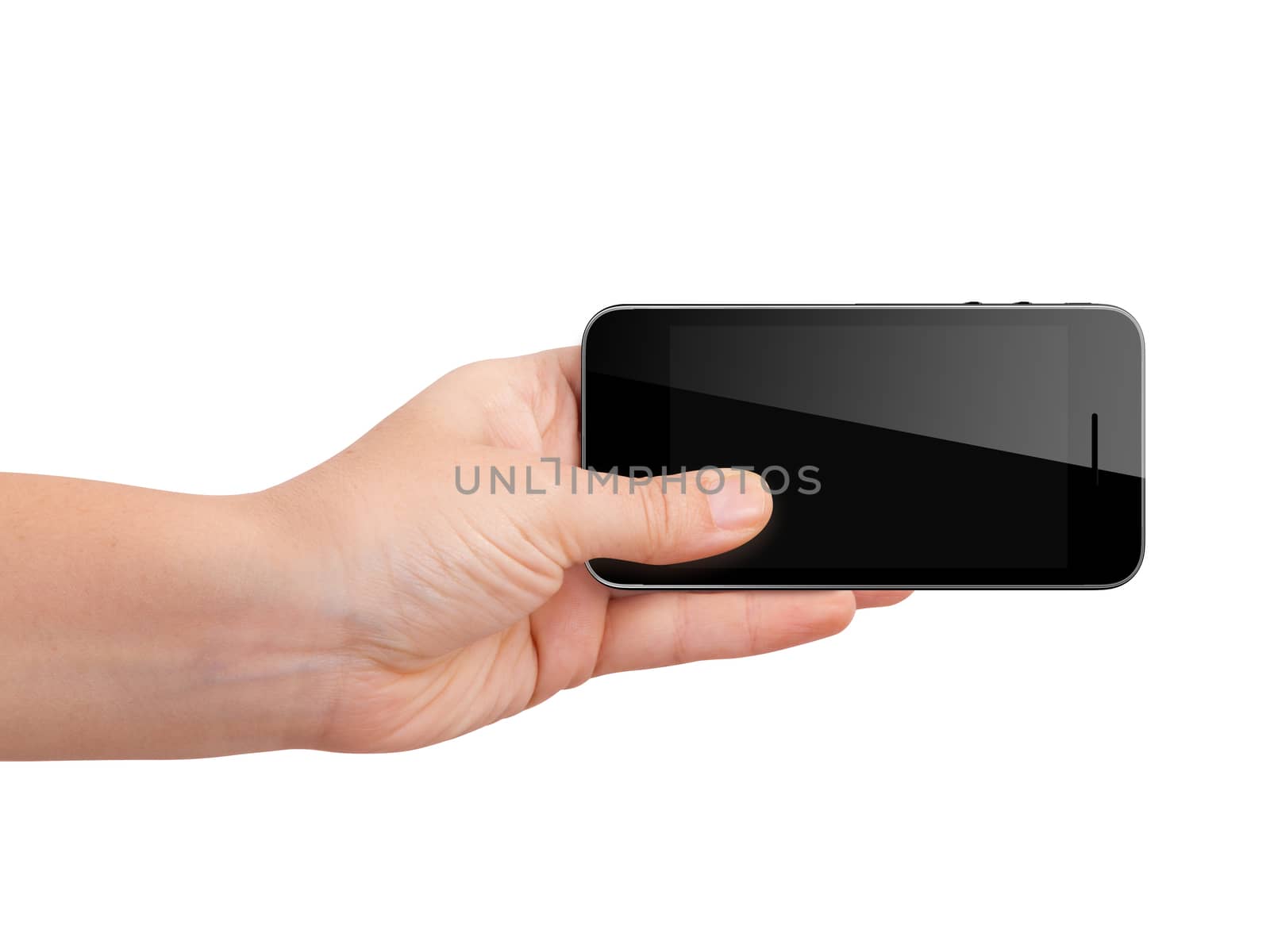 Realistic horizontal mobile phone device with blank touch screen holding by hand, isolated on white background.