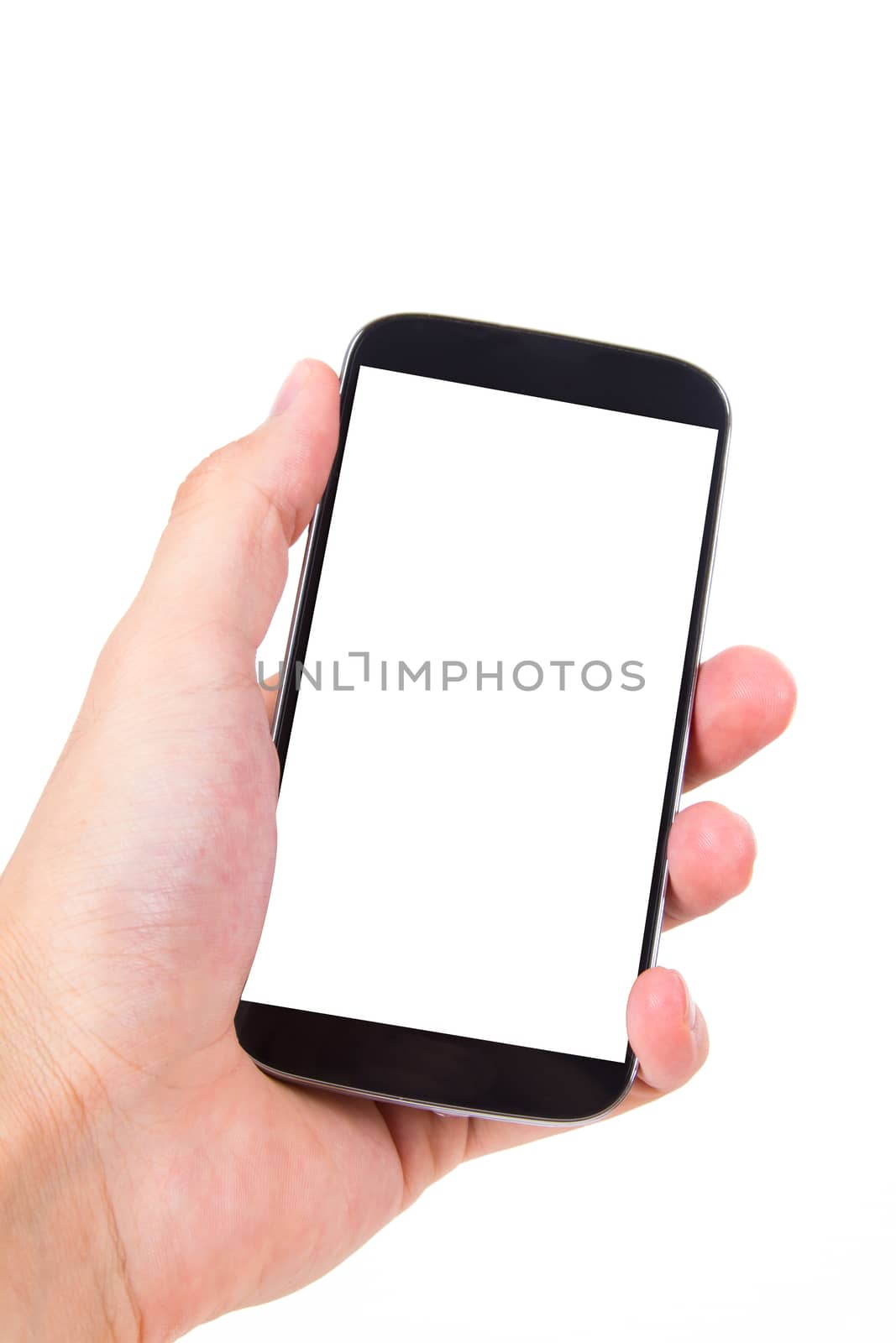 Hand holding and showing mobile phone with blank, white screen, front view, isolated on white background.