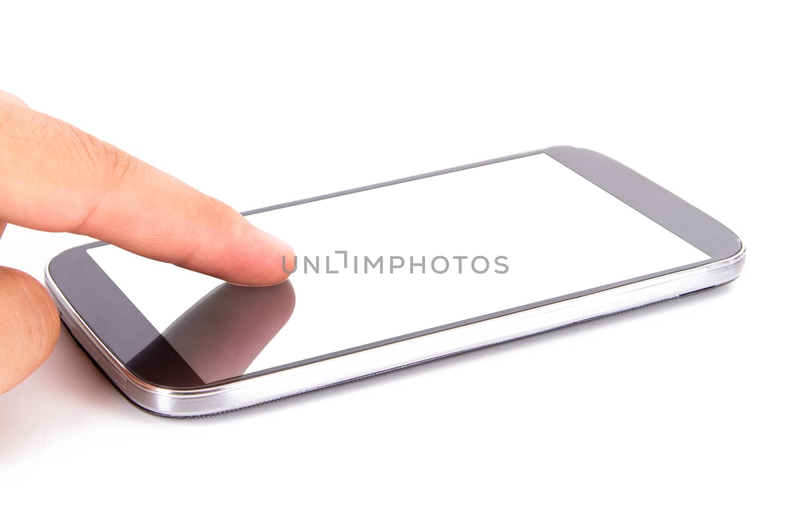 Hand touching smart phone with blank, white screen, front view, isolated on white background.