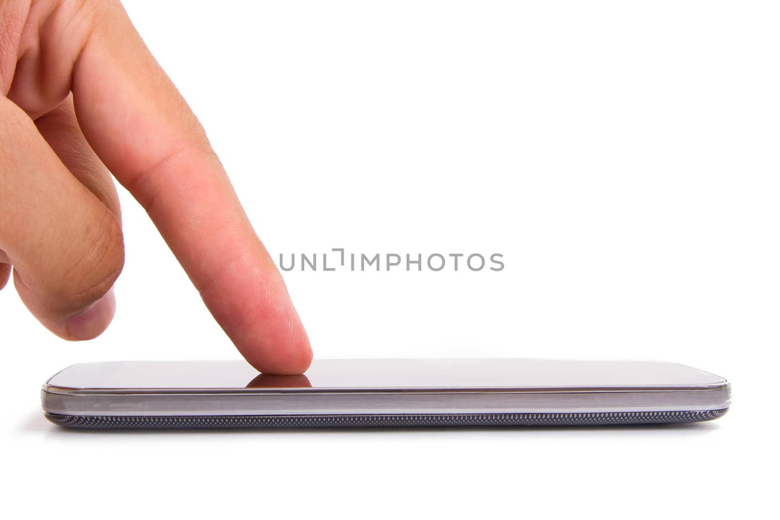 Finger touching smart phone with blank screen, front view, isolated on white background.