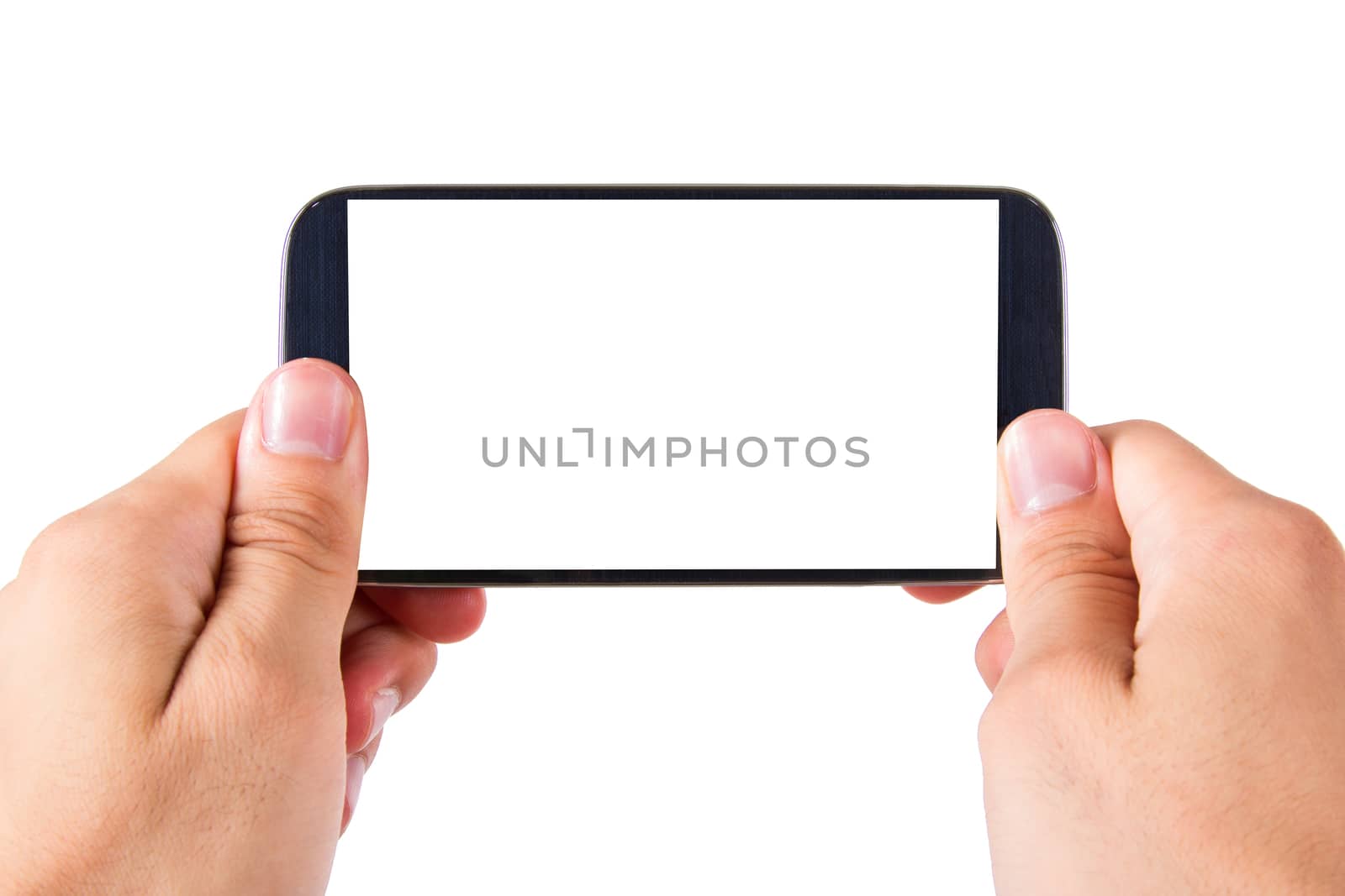 Hand holding smart phone with blank, white screen, front view, isolated on white background.