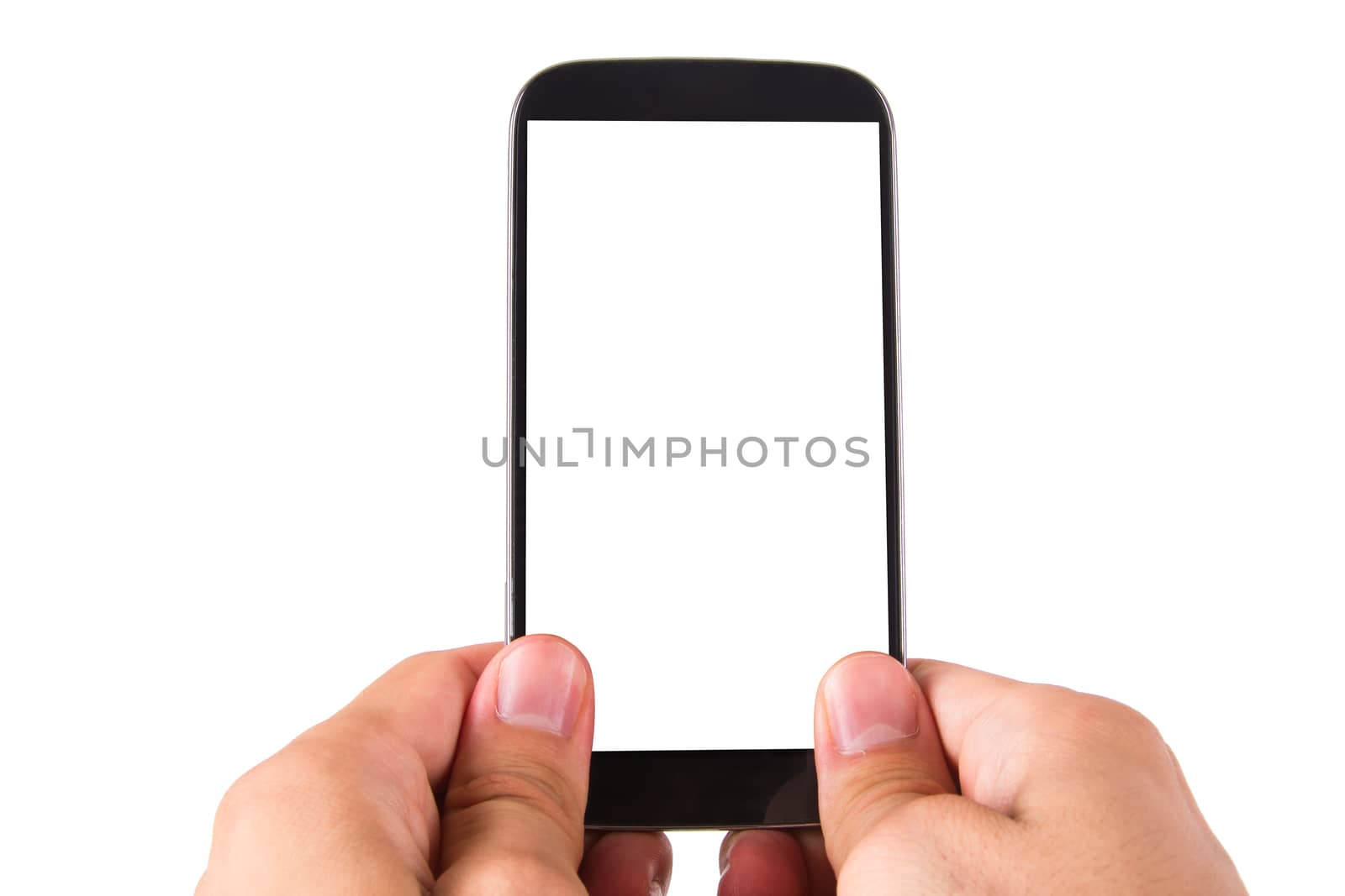 Hand holding smart phone with blank, white screen, front view, isolated on white background.