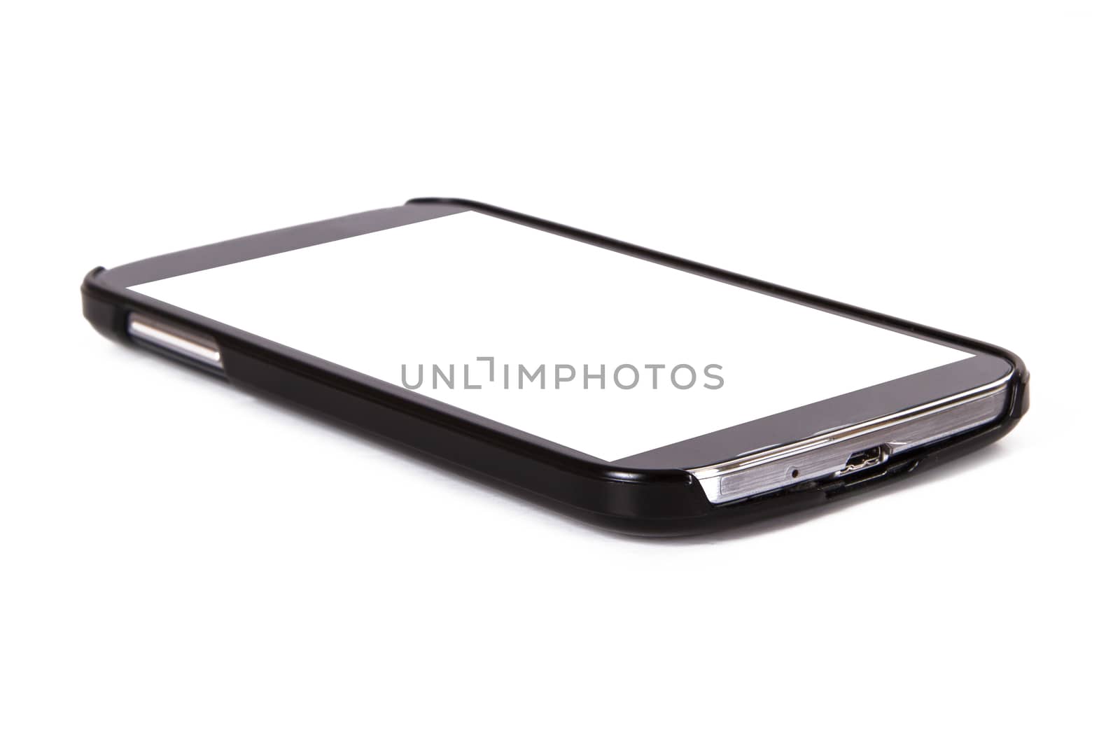Smart phone with blank, white screen, isolated on white background.