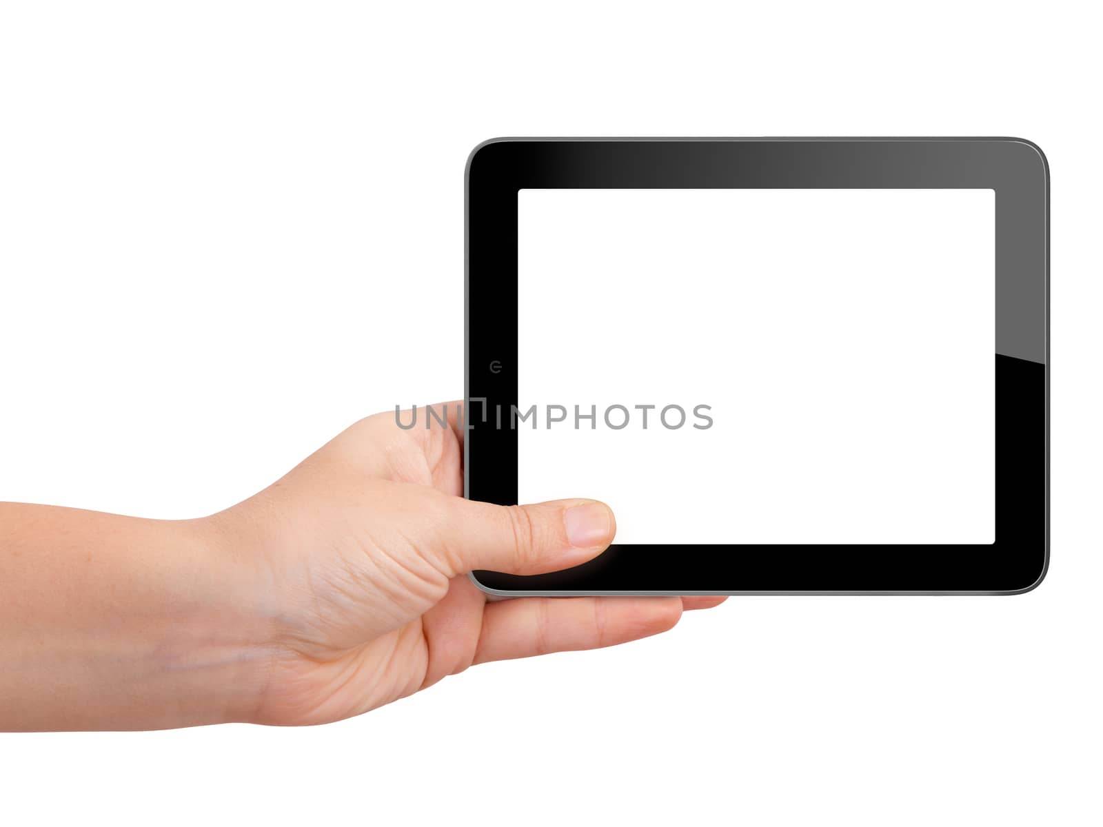 Realistic horizontal tablet device with blank white touch screen holding by hand, isolated on white background.