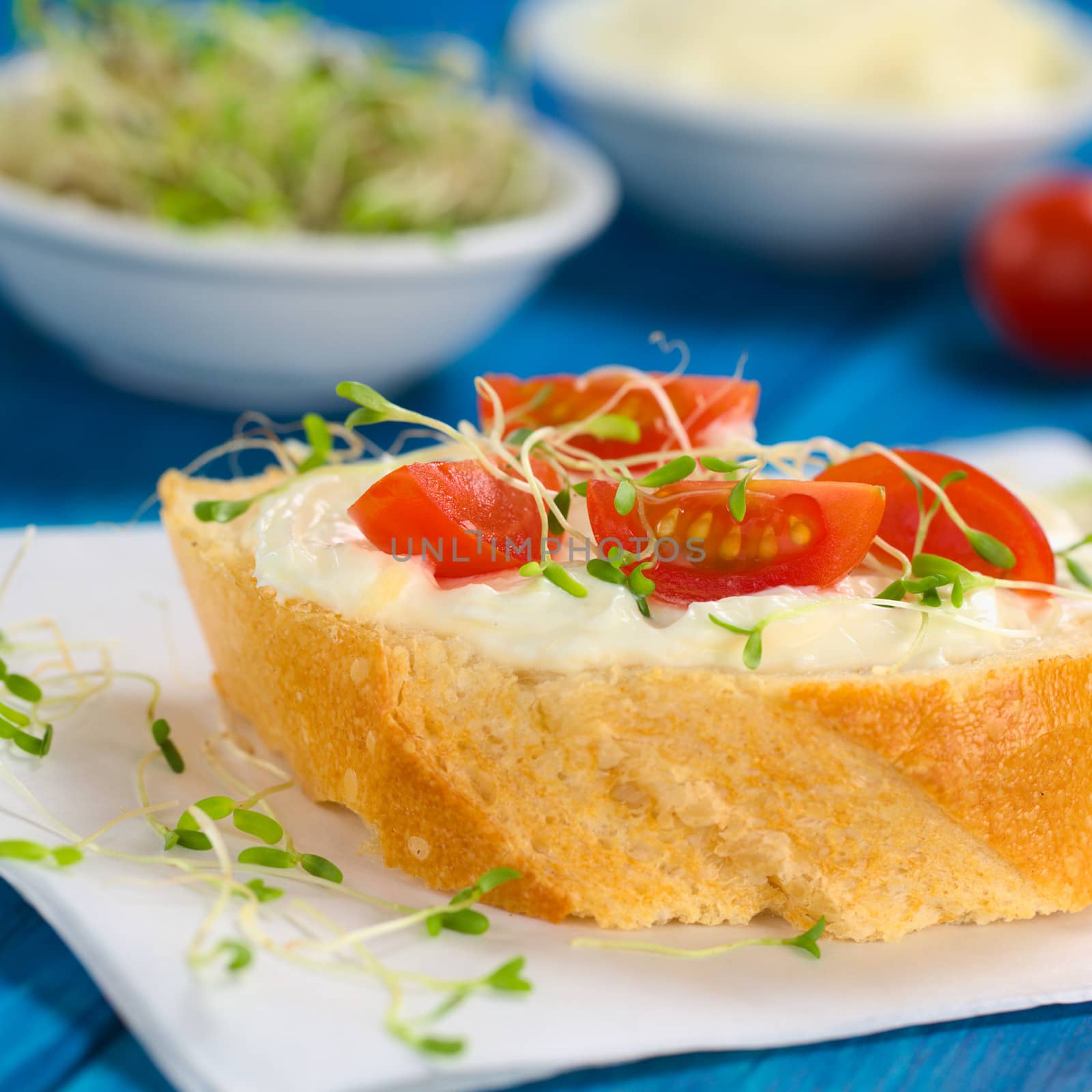 Baguette with Cream Cheese, Alfalfa Sprouts and Cherry Tomatoes by ildi