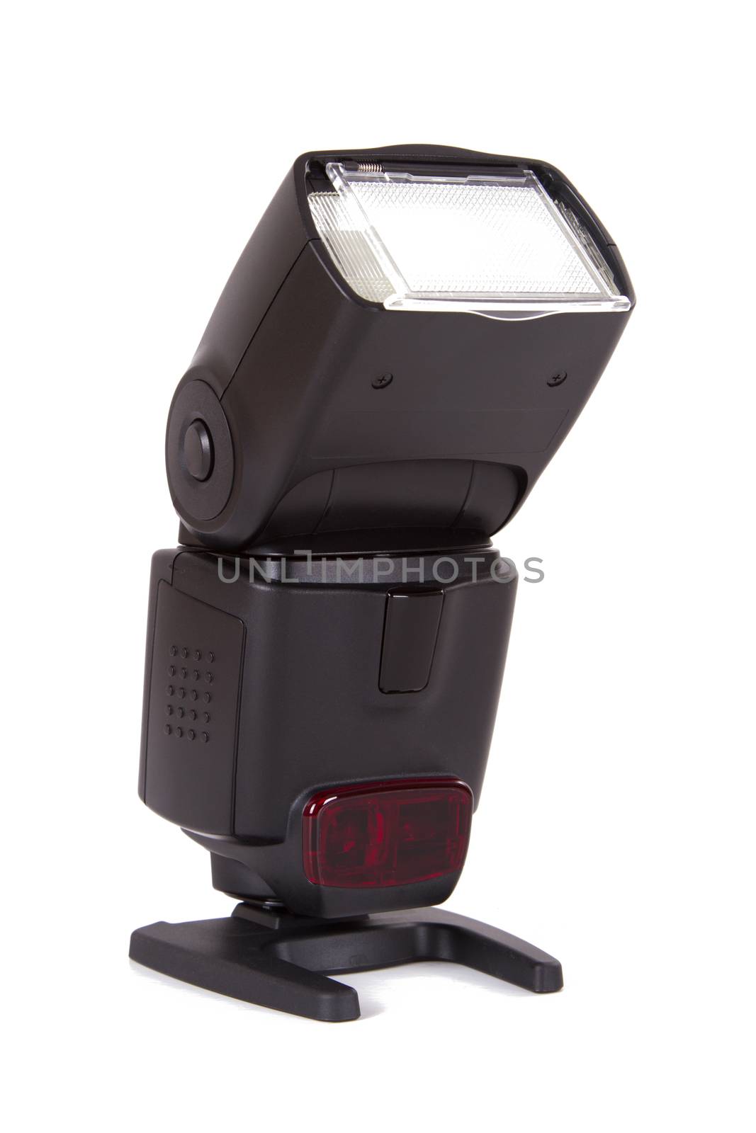 Electronic external flashlight, front view, isolated on white background.
