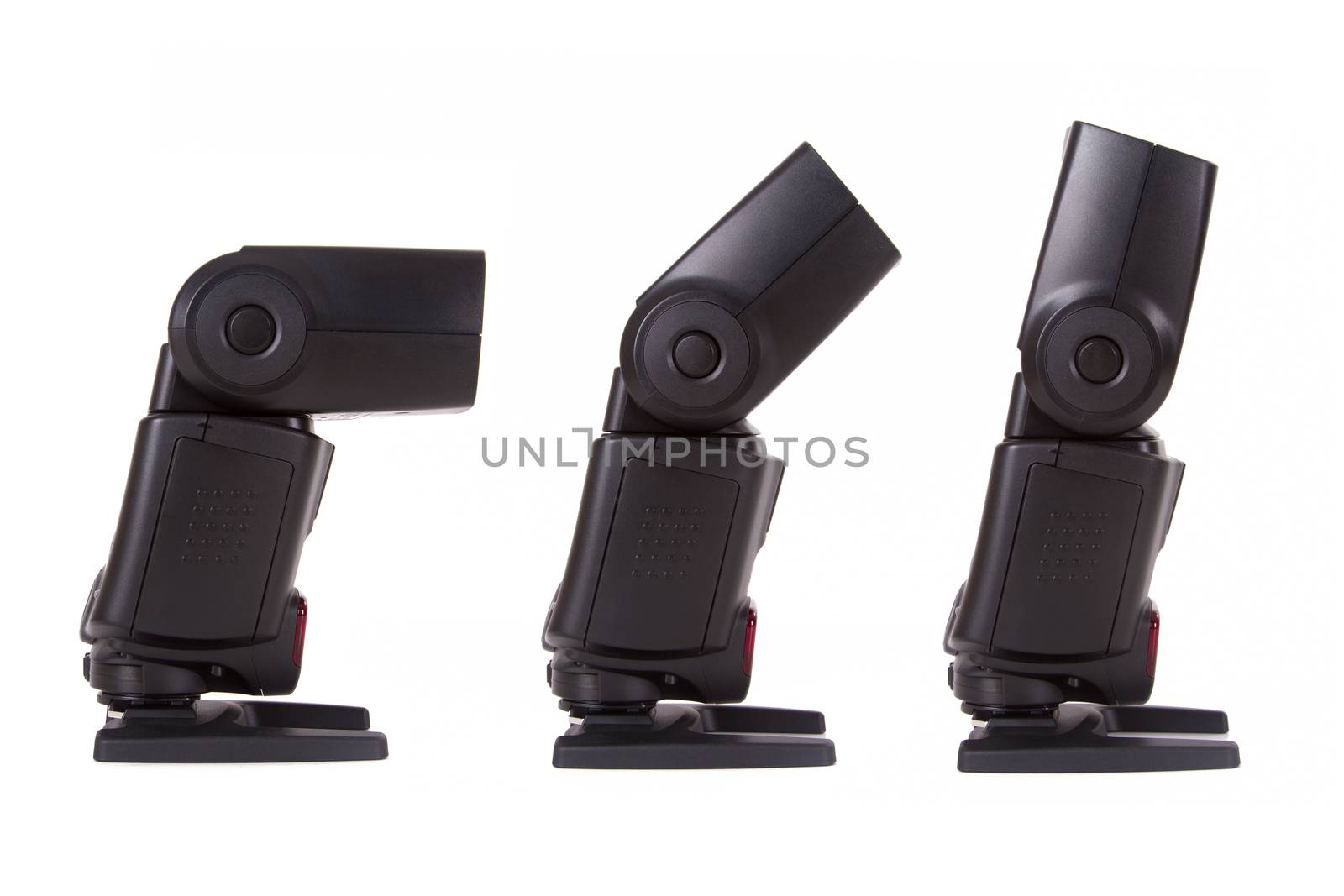 Electronic external speedlights with different angles, side view, isolated on white background.