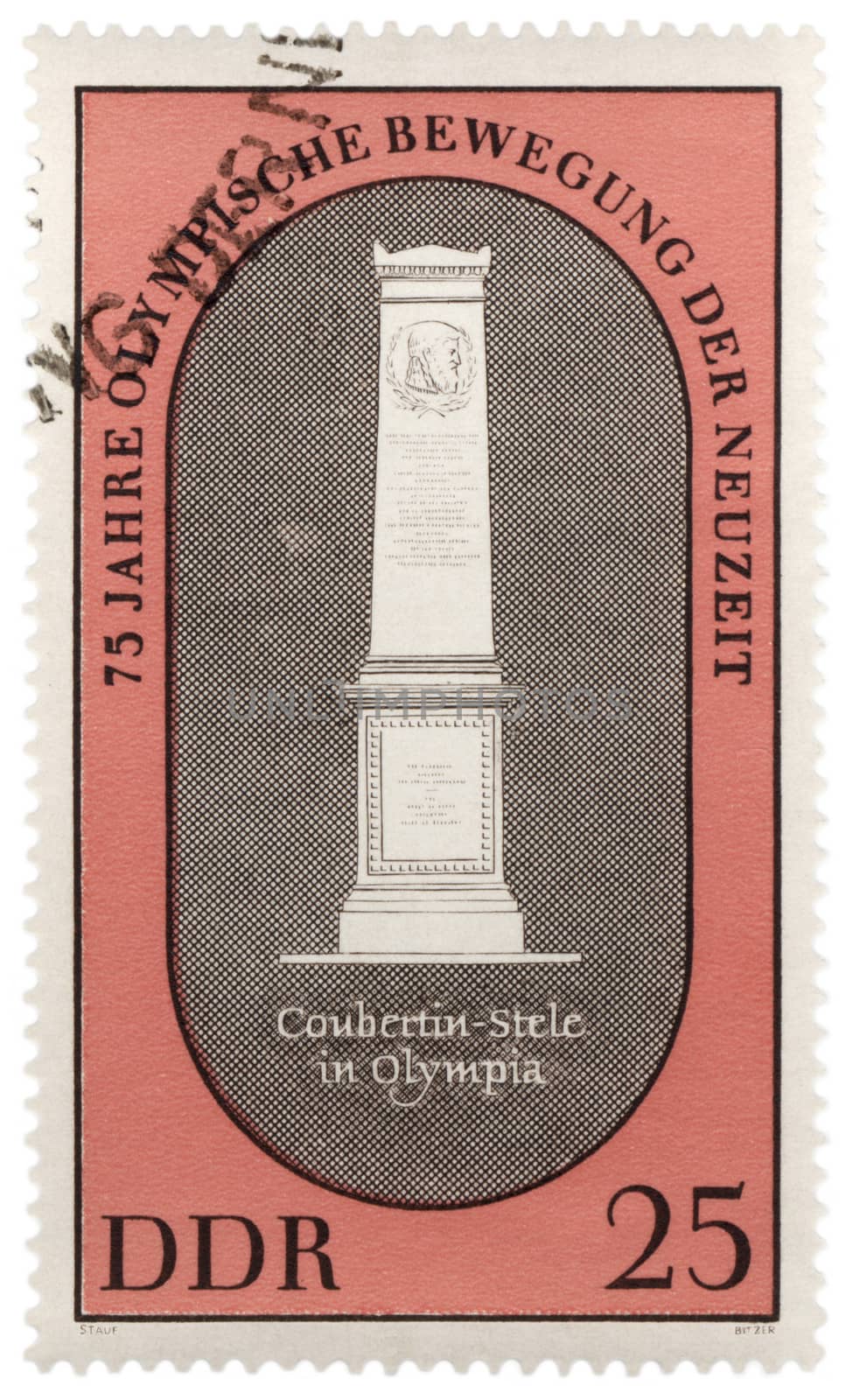 GDR - CIRCA 1970: A stamp printed in GDR (East Germany) shows Stella at the grave of Pierre de Coubertin (founder of modern Olympic Games) in Olympia, series, circa 1970