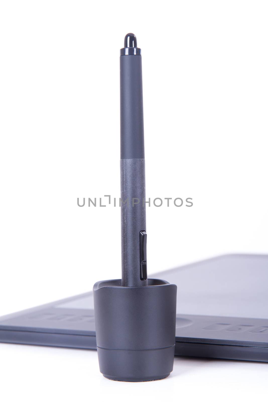 Graphic set with digital pen and tablet, isolated on white background.