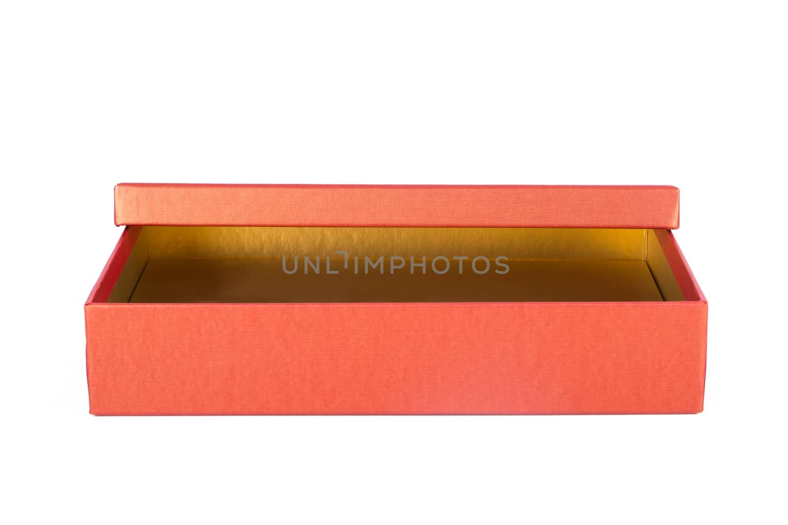 Open, empty box, side view, isolated on white background.