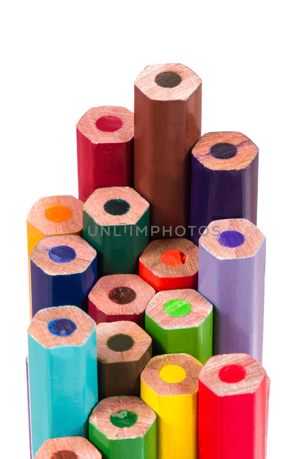 Back of colorful pencils, isolated on white background.